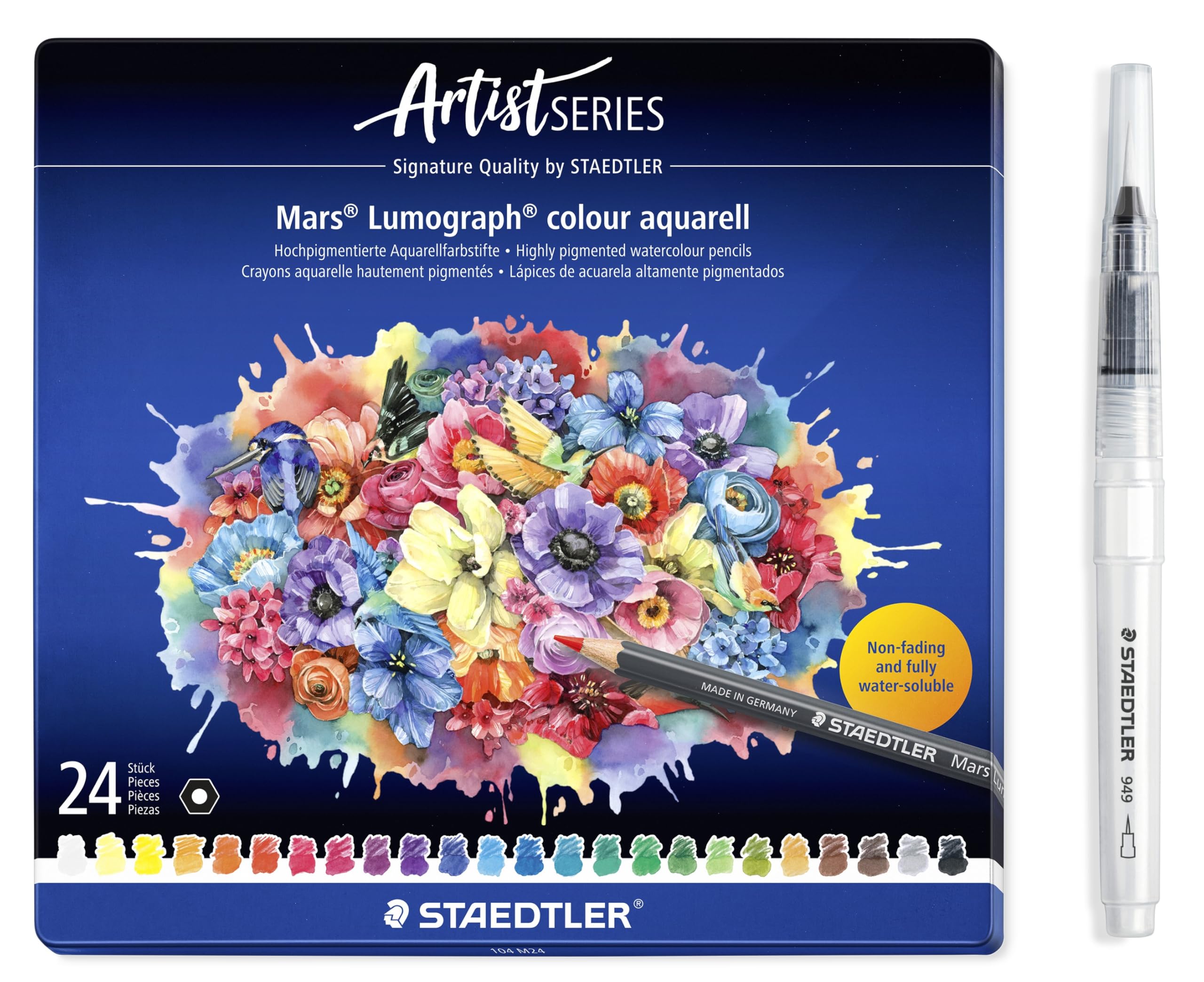 STAEDTLER Set 24 Aquarellfarbstifte wasservermalbar, hochwertige Künstler-Farbstifte, farbintensiv & lichtbeständig und Wasserpinsel mit robuster Nylonspitze