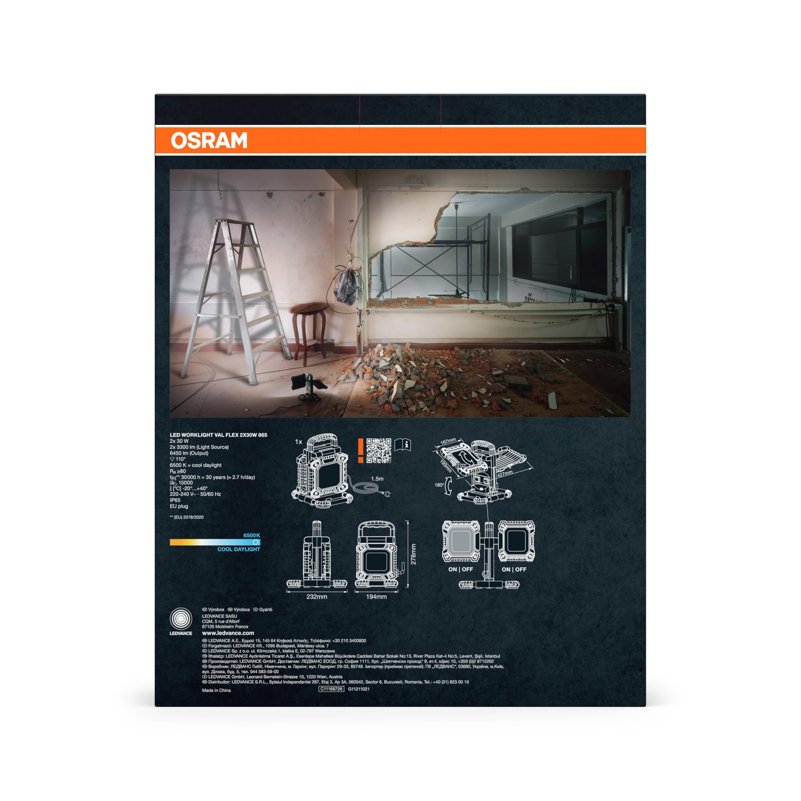 OSRAM Lampa robocza VAL FLEX LED, ciemnoszary/czarny, 2X30W, 6450lm, barwa światła zimna biała, z głowicami lamp, które można obracać o 270° w pionie i 180° w poziomie, z kablem, stopień ochrony IP54,