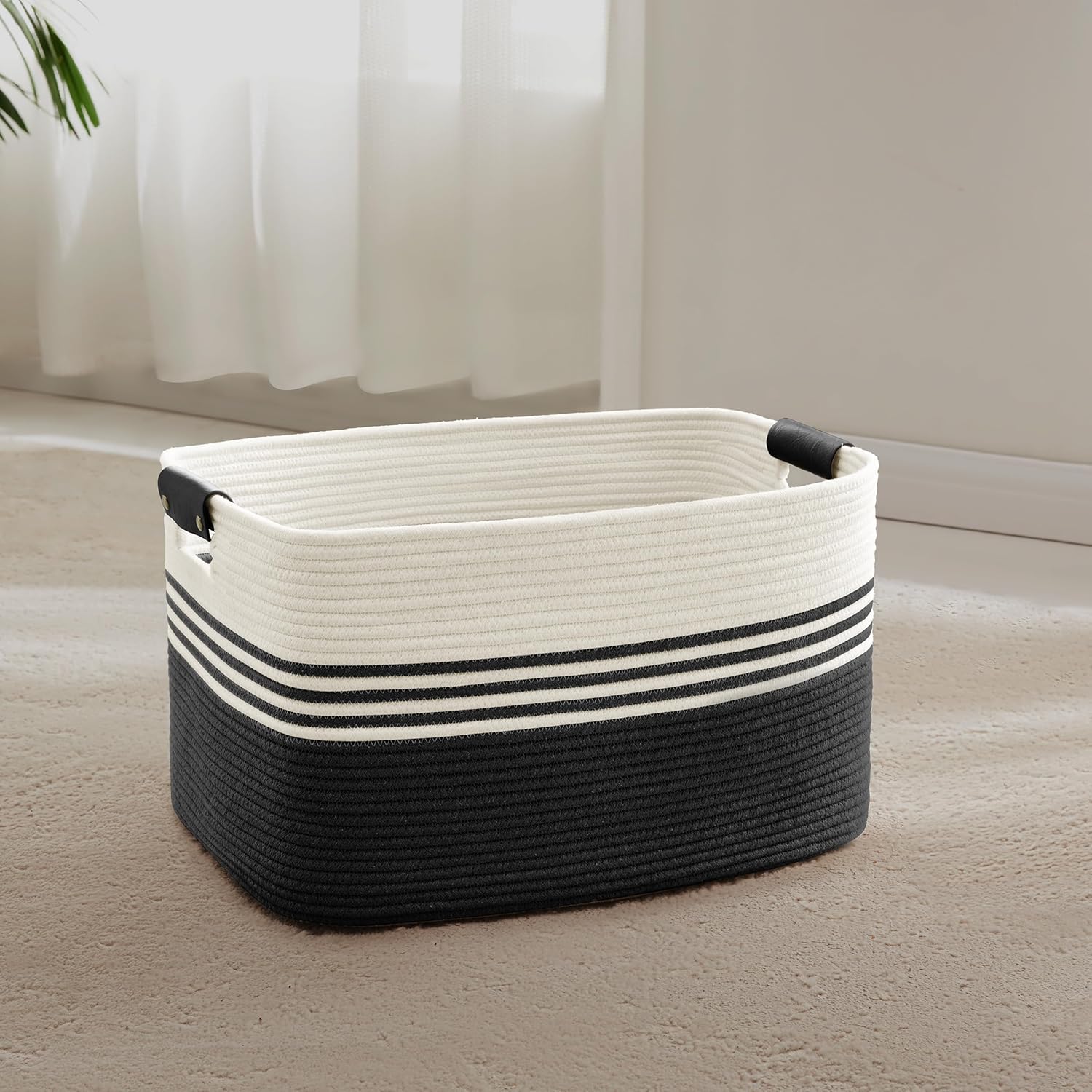 45L Small Laundry Basket with Leather Handles for Living Room Storage, Woven Rope Baskets Bin for Blanket, Kids Toy, Gifts, Wicker Hamper for Bedroom Dirty Clothes, 18"x14"x11" White Black Black 45L Leather Handles