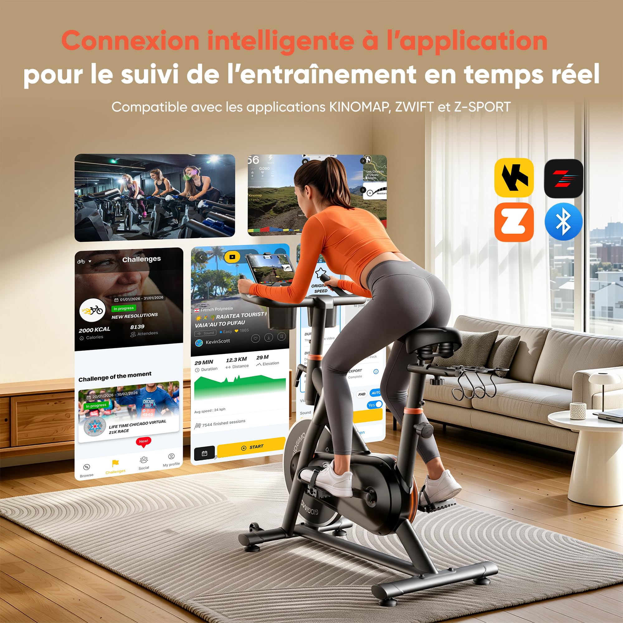 GIDGIMO 2026 Nouveauté Velo d Appartement, Vélo Spinning d’Intérieur Silencieux avec Résistance Réglable, Écran LCD, Selle Respirante, Capteur Cardiaque, Charge Maximale 150 kg