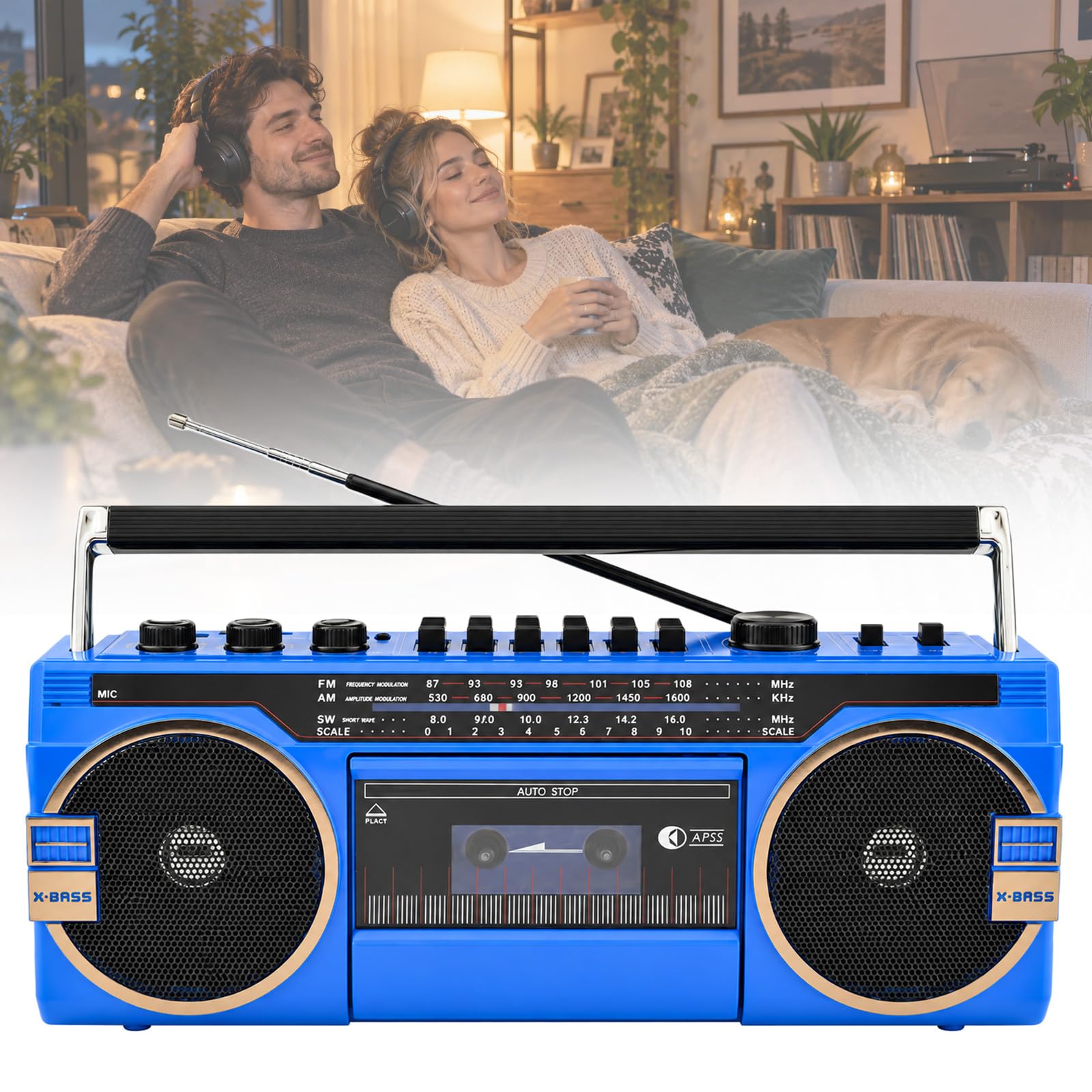 Klasyczny Odtwarzacz Kasetowy Boombox W Stylu Retro Z Lat 80., Odtwarzacz Kasetowy Boombox W Stylu Retro, Pokrętła Regulacji Głośności, Gniazdo Słuchawkowe, Dźwięk Stereo, Nagrywanie Blue