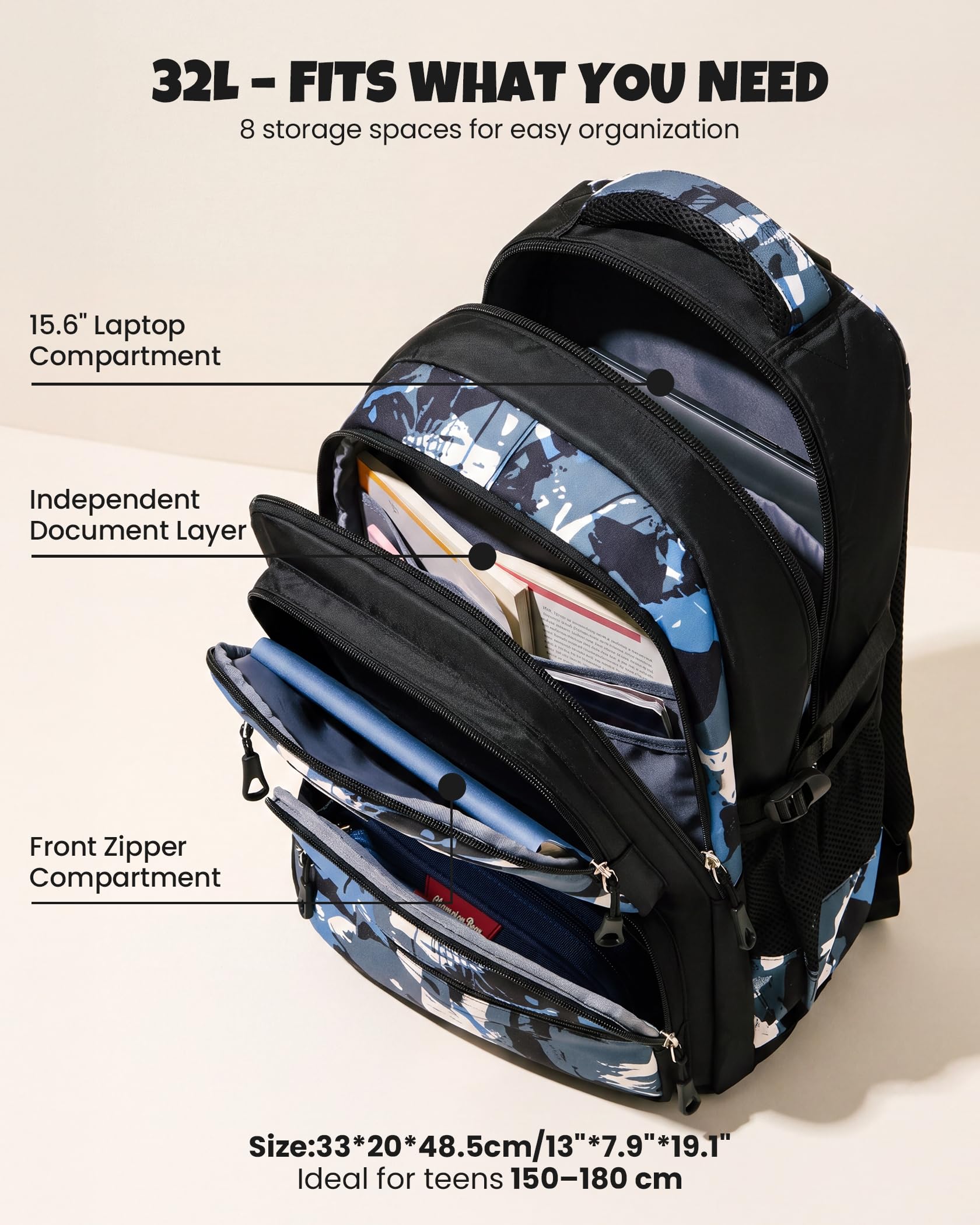 Amythe Sac à Dos à Roulette pour Garcon, 40 Litres Cartable Garcon Collège et Primaire Adapté aux 10 ans et Plus, Sac D'école de Voyage Loisir Élégant pour Homme avec Chariot, Noir