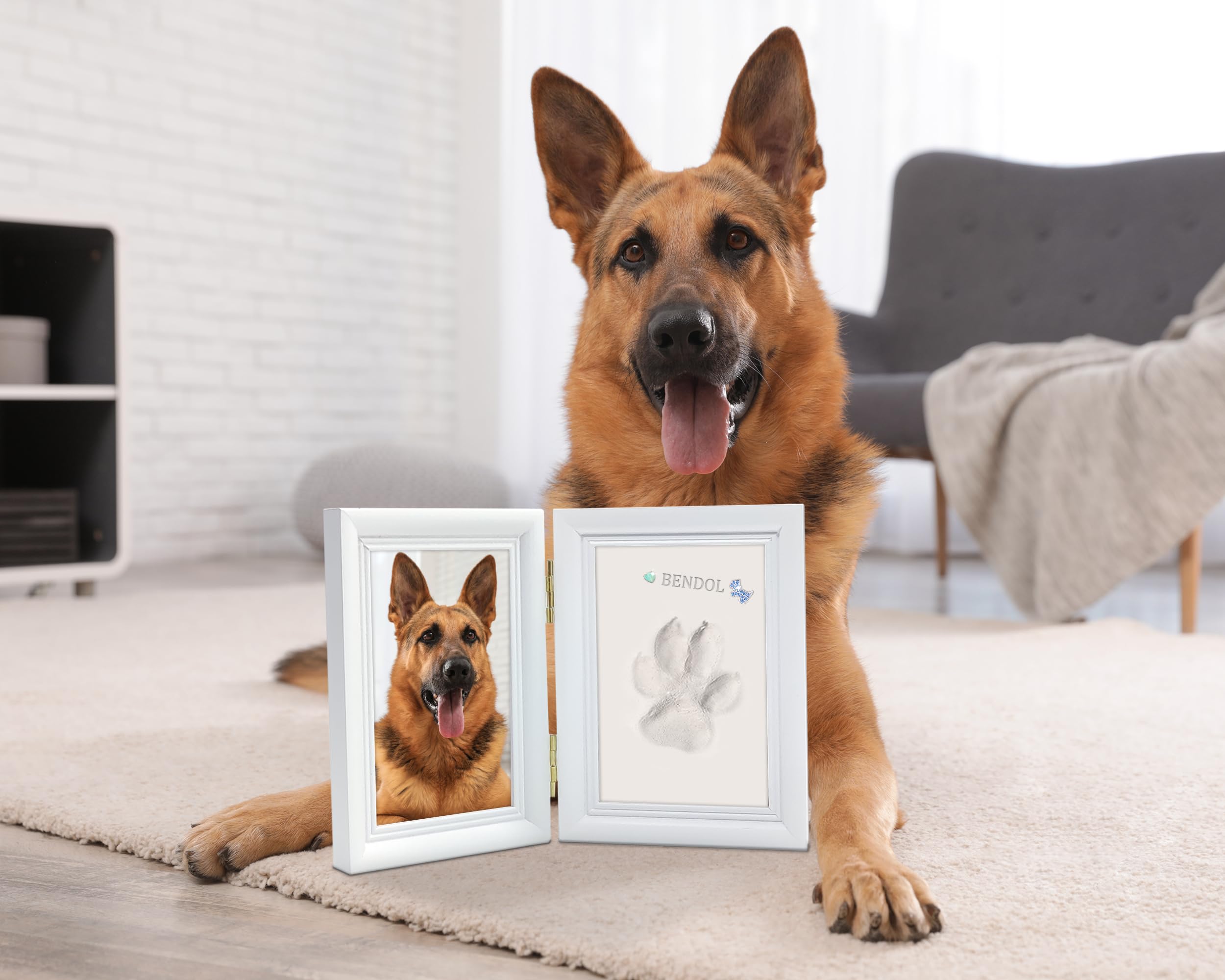 MYPAWLETS Kit de impresión de huellas de perro o gato con baratijas, kit de impresión de huellas de mascotas con 2 arcillas, marco de fotos de madera para perro, tamaño grande, color blanco