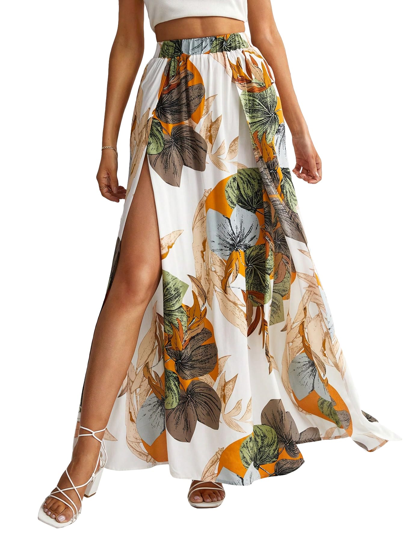 VerdusaWomen's High Split Tribal Print Striped Boho Elastic Waist Long Skirt