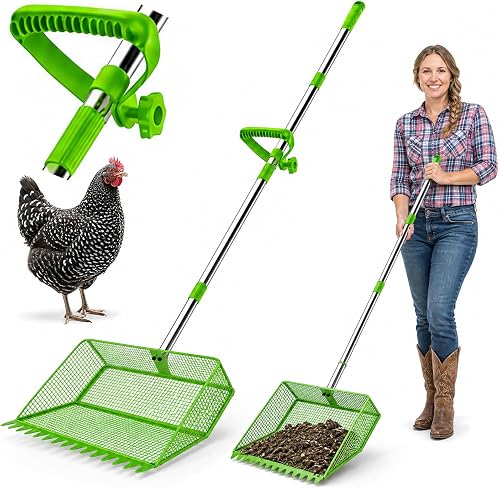 NoxLumina 2-in-1 Chicken Poop Scooper & Rake, 12 Inch Heavy-Duty Stainless Steel Sifting Shovel with Adjustable Handle NoxLumina 2-in-1 Chicken Poop Scooper & Rake, 12 Inch Heavy-Duty Stainless Steel Sifting Shovel with Adjustable Handle
