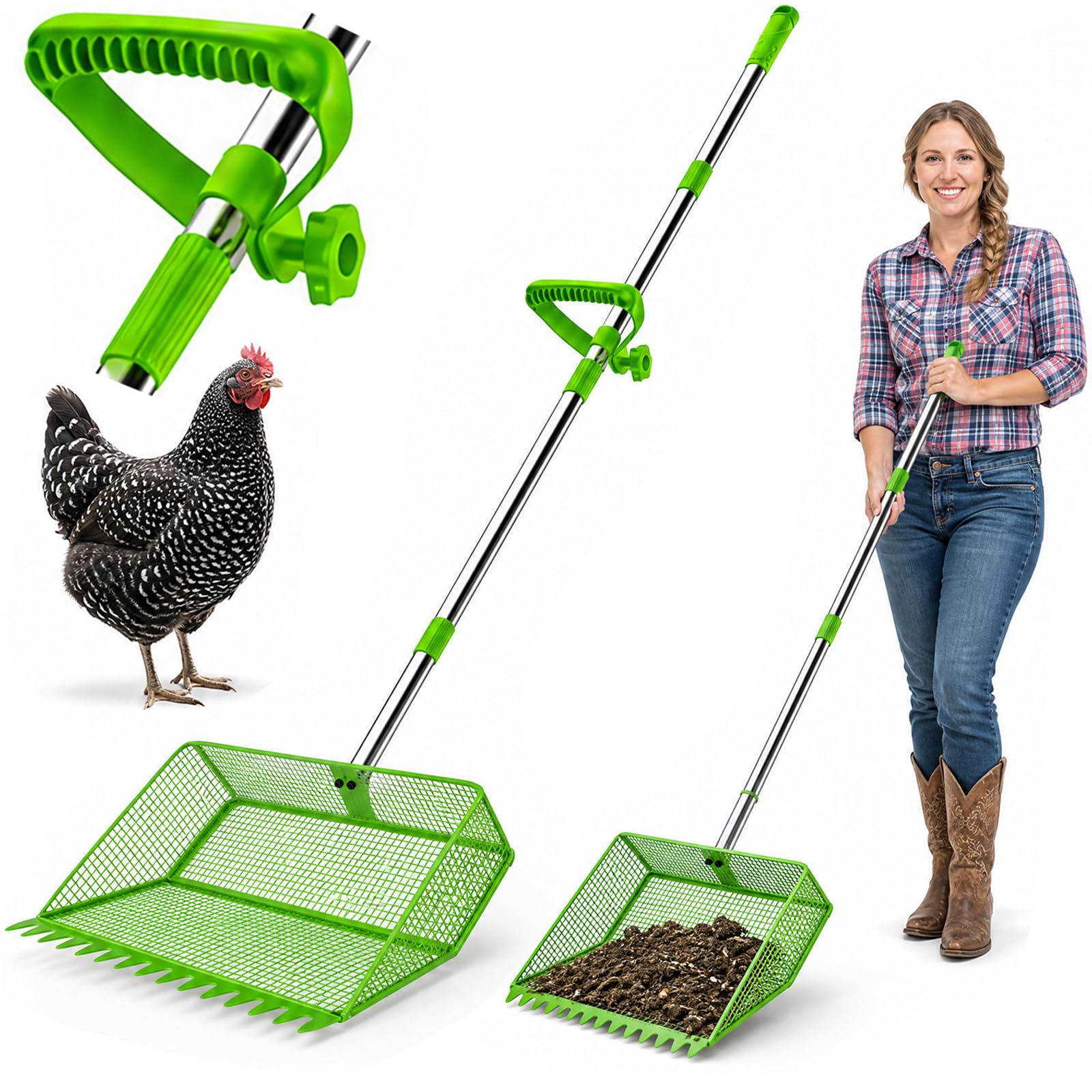 Photo 1 of 2026 Upgraded 2-in-1 Chicken Poop Scooper & Rake with Handle, 12inch Heavy-Duty Metal Chicken Coop Scoop for Sand Sifting Shovel Litter Scooper for Farm House Chicken Coop Cleaning Tools Accessories