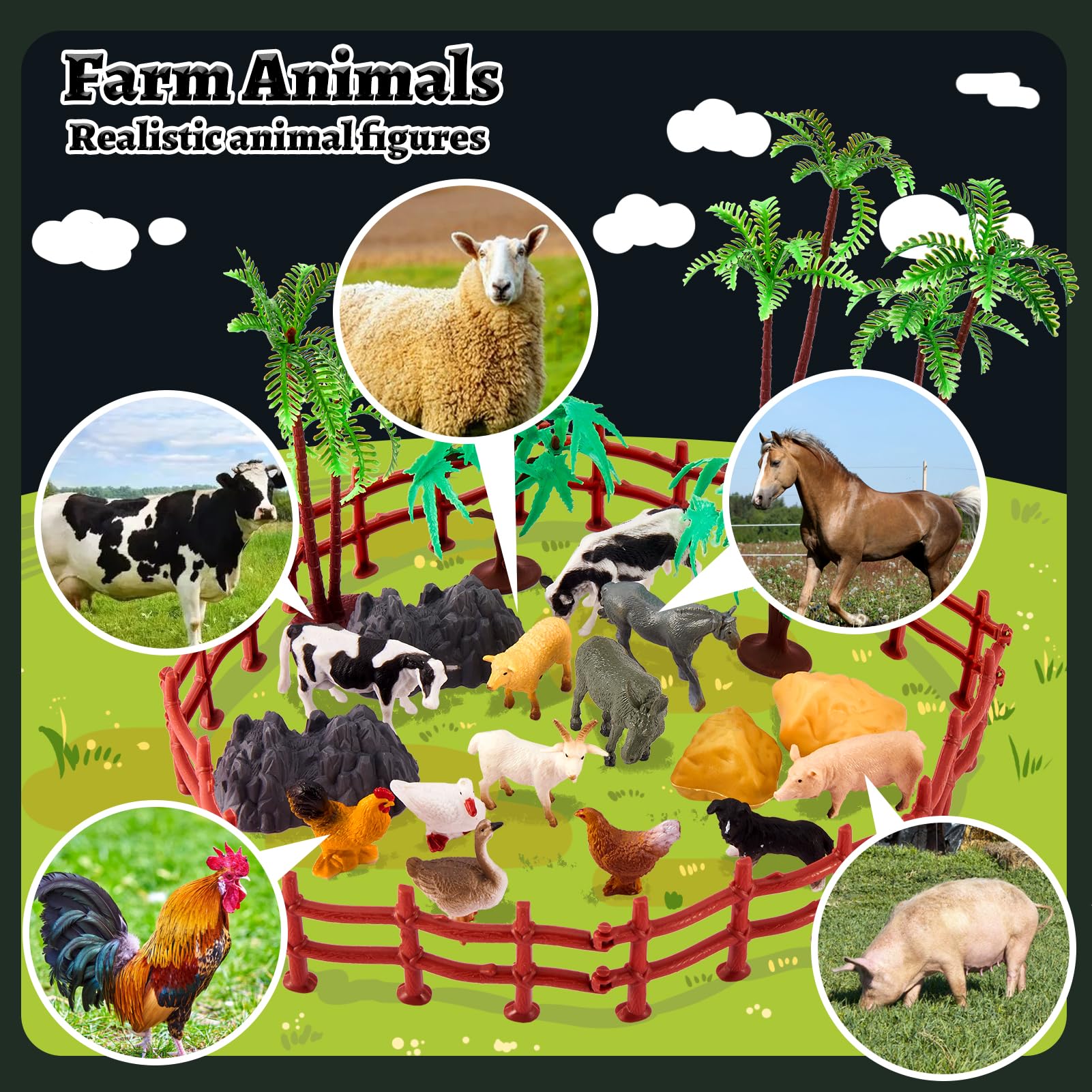 TOEY PLAY Jouet Figurines Animaux de la Ferme, Animaux Zoo, Dinosaure Jouet | 56 Pièces Mini Sauvages Savane Animaux Figure Ensemble de Jouets avec Malette, Jeux Cadeau pour Enfants 3 4 5 Ans