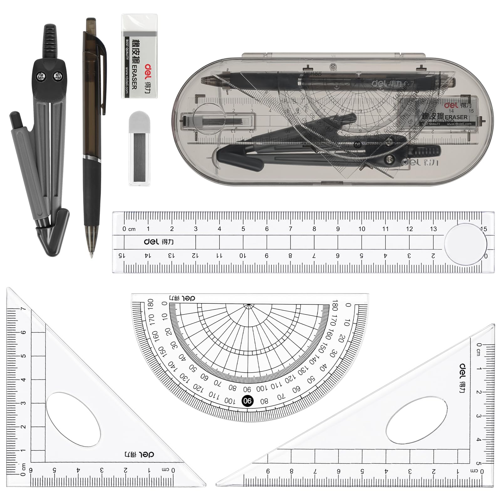 HOTUT Maths Geometry Set, Basics 8-Piece Maths Kit with Transparent Case, Includes Self-Centring Compasses, Protractor, Ruler, Pencil, Set Squares & Eraser, Black