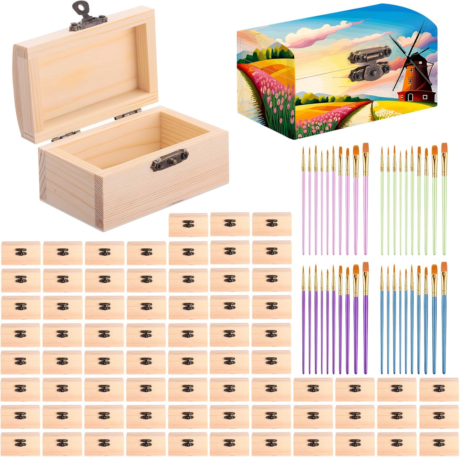 Chumia 48 Pcs Unfinished Wooden Craft Boxes with Paintbrushes Small Wooden Boxes Small Treasure Chest with Lid and Clasp Wood Storage Box for DIY Baby Shower Pirate Decor, 3.5 x 2.2 x 1.8 Inch