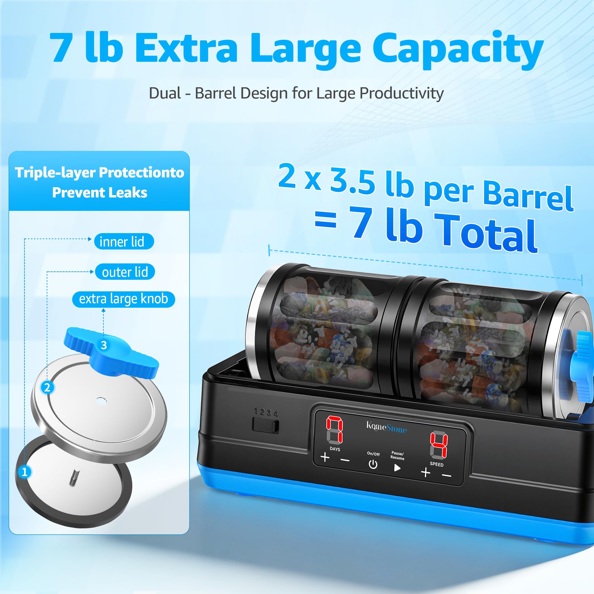 KomeStone Ultra Quiet Brushless Rock Tumbler Kit – 7LB Dual Barrel Polisher with Noise-Canceling Cover, Complete Gemstone & Jewelry STEM Set for Adults & Gift - 3