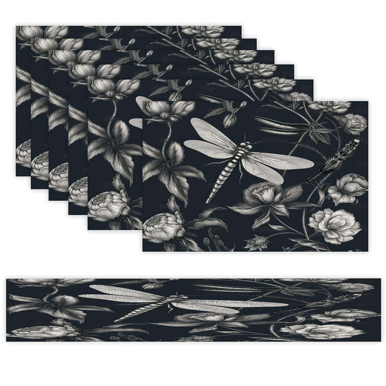 Black Flowers and Dragonfly Placemats Set of 7 Exquisite Linen Table Mat Seven Piece Set Includes 13"x71" Fashion Table Runner and 12"x18" Place Mat Decor for Kitchen Dining Room