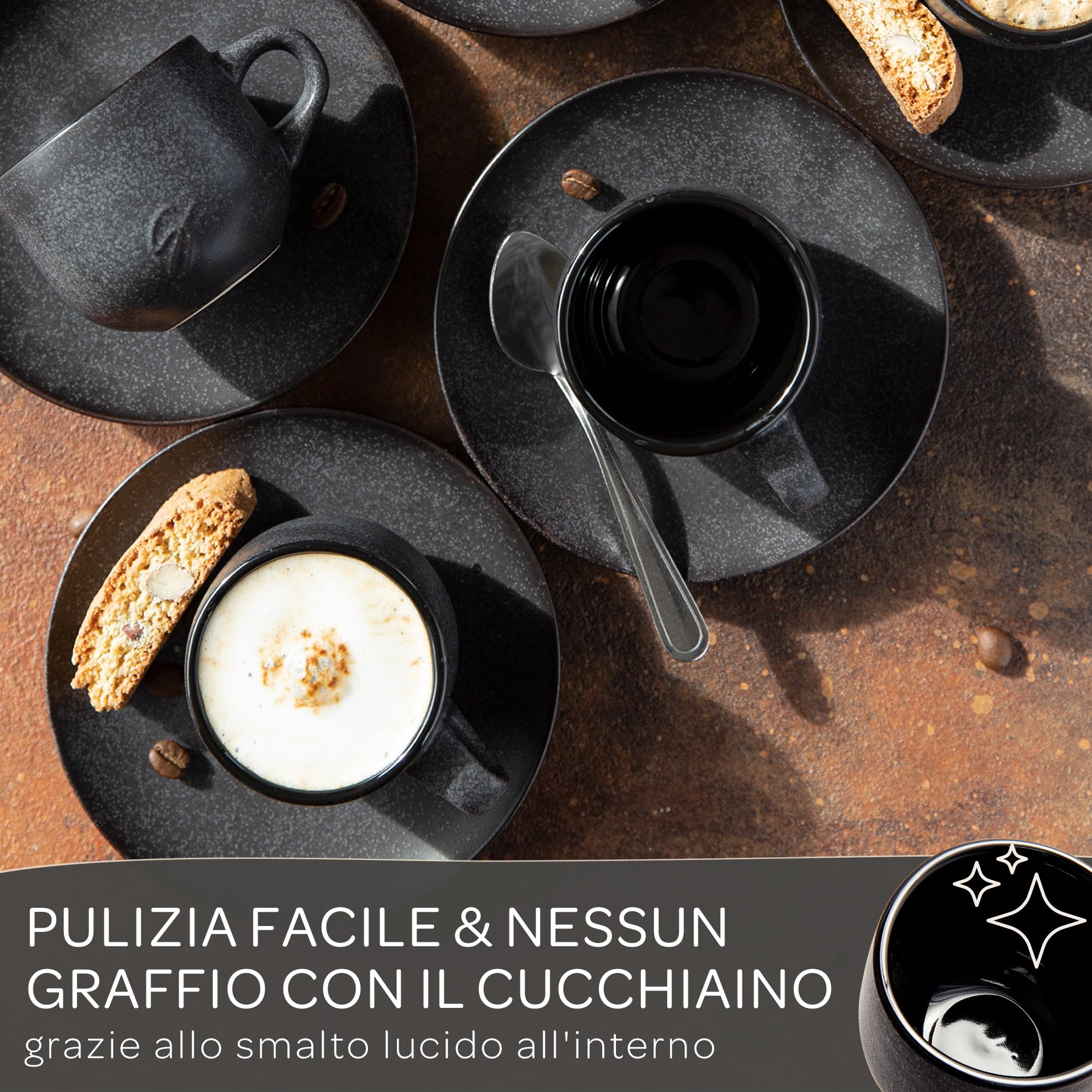 Steinzeit Set di Tazzine da Espresso Design (6x80ml) – Set di Tazzine da Caffè Espresso con piattini abbinati – Set Tazzine Caffe realizzate al 100% a mano – Tazzine Caffè iimpilabili in nero