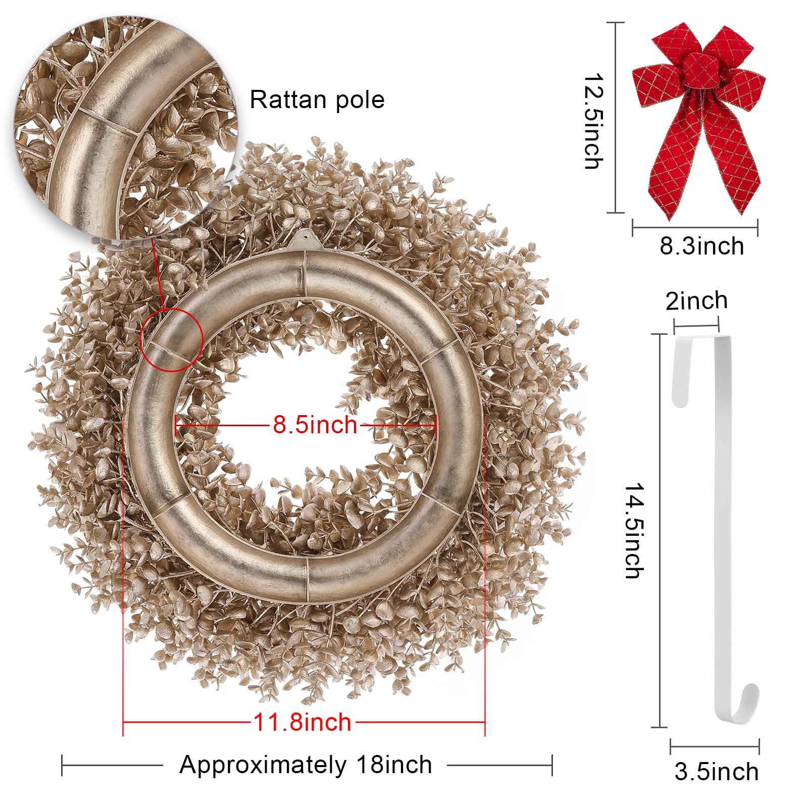 Couronne de Noël en buis de 45,7 cm avec nœuds et suspension de porte, convient pour porte d'entrée, salon, cheminée, fenêtre, ferme et couloir (doré)