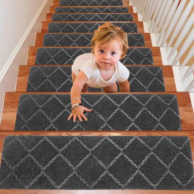 AISEY Upgraded Stair Treads Carpet Non-Slip Indoor Stair Runners for Basement Wooden Steps, Treads Stair Rugs Mats for Kids and Elders, 76cm x 20cm, Set of 13, Gray