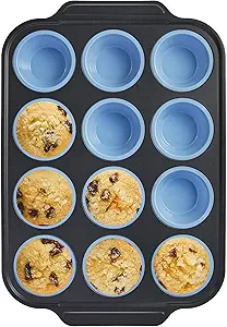 BRONYPRO Silicone Muffin Pans for Baking with Metal Frame, Egg Bite Molds, Cupcake Pans 12 Regular Size, Muffin Tins Easy to Pop Nonstick Non Toxic Bakeware for Oven,Blue