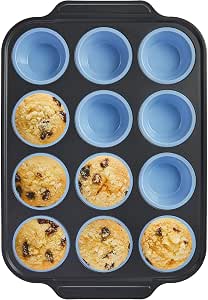 BRONYPRO Silicone Muffin Pans with Metal Frame, 12-Cup Nonstick Bakeware, Blue