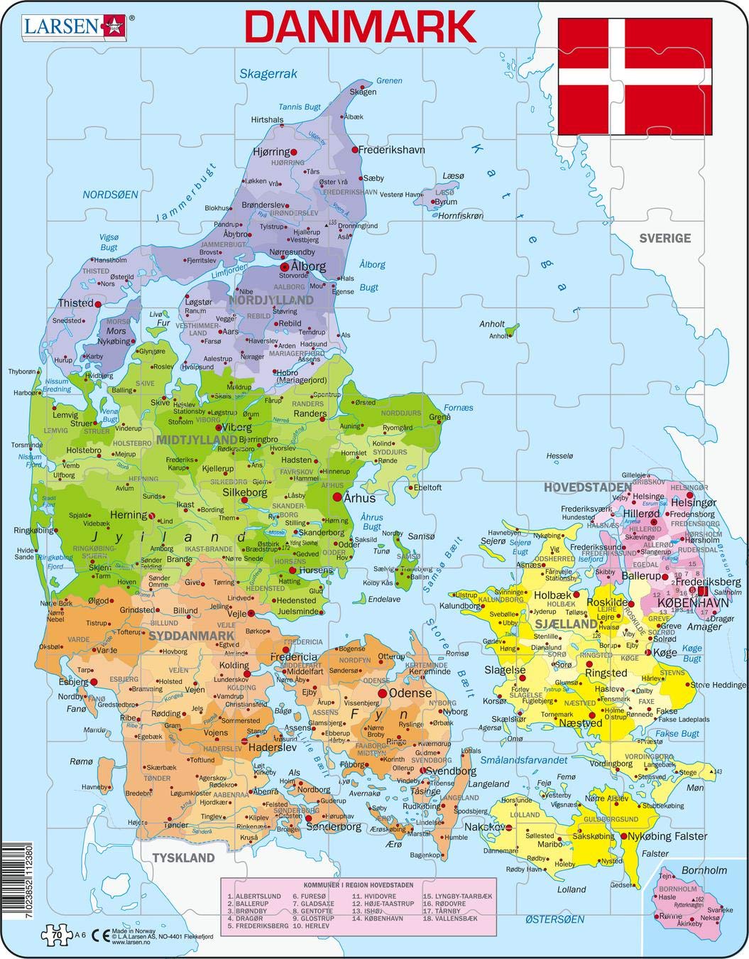 Larsen A6 Denmark Political Map, Danish Edition, 70 Piece Boxless Tray & Frame Jigsaw Puzzle