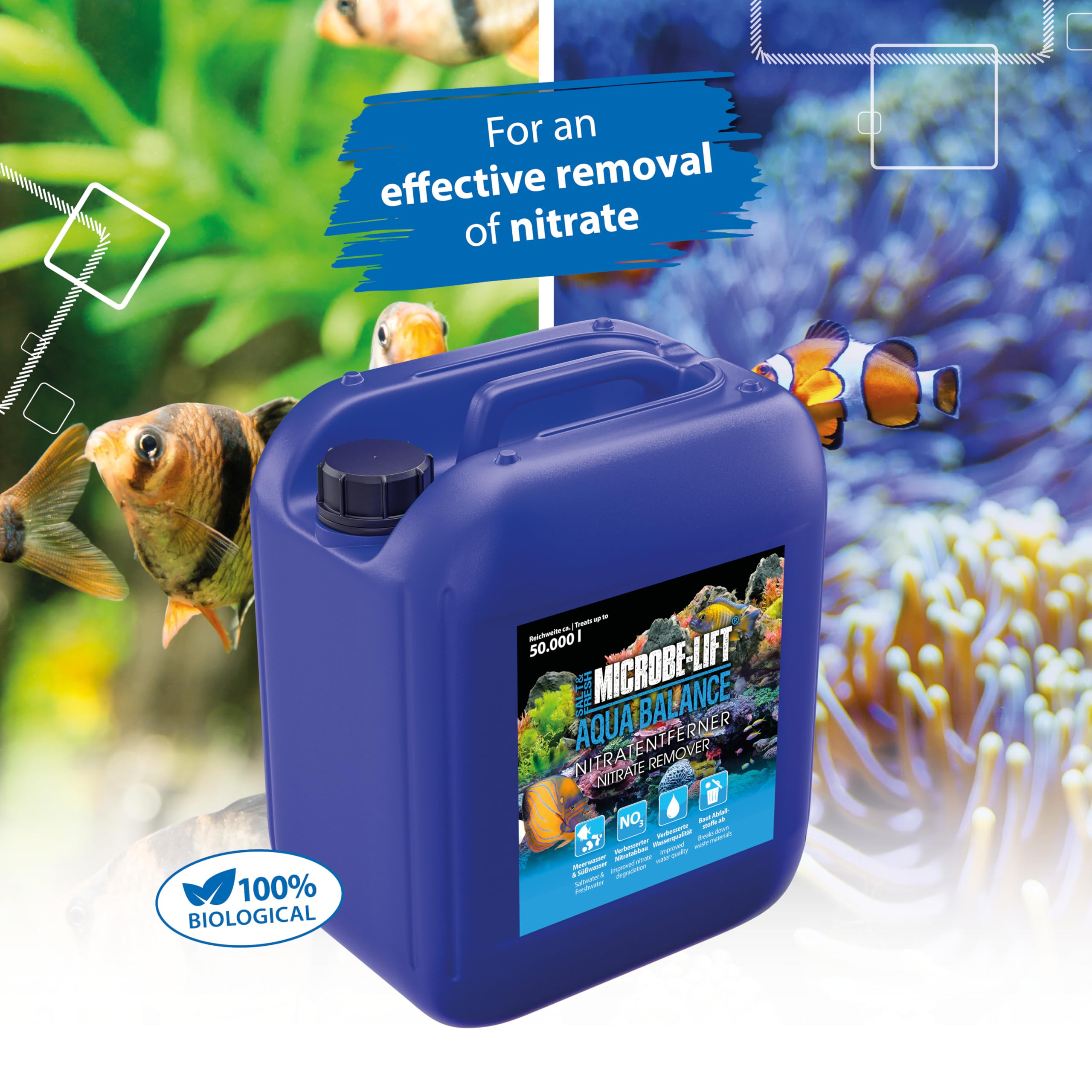 Eliminador de nitrato Acuario – ARKA Aqua Balance 5 L – solución biológica contra nitrato, Algas y turbidez – para acuarios Dulces y Marinos – Mejora el Agua y el ecosistema