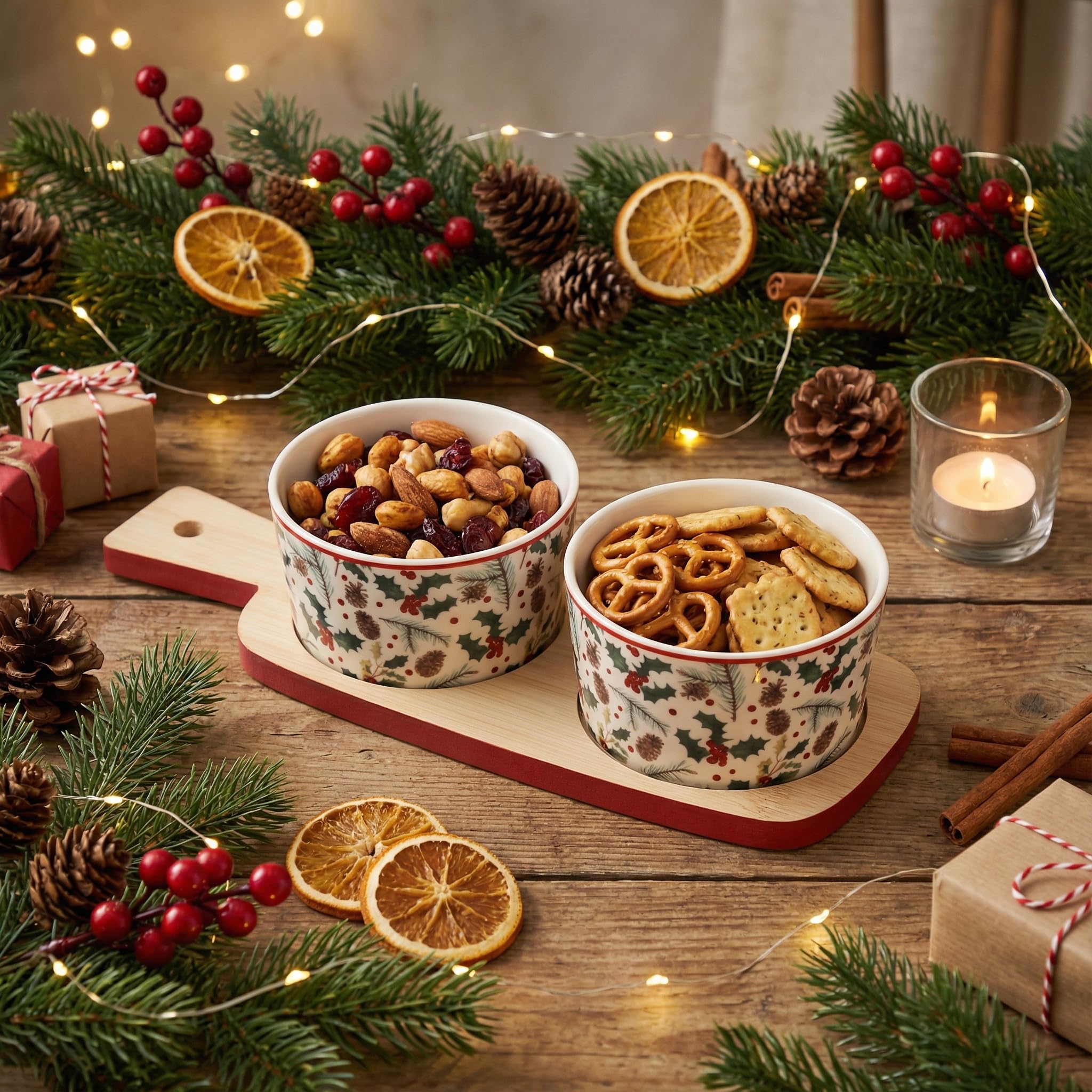 Ciotole Natalizie Con Vassoio Legno MIJOMA Set Da Portata Natalizio 4 Pezzi - 3 Ciotole In Porcellana Con Set Porcellana Natale