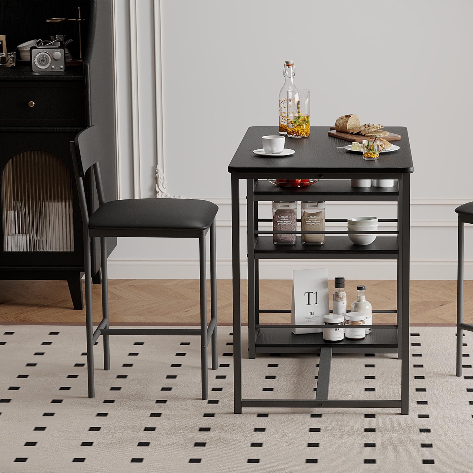 Mesa de bar con 2 sillas acolchadas, mesa de cocina, bar de cocina, para comedor, bistró, salón, color negro