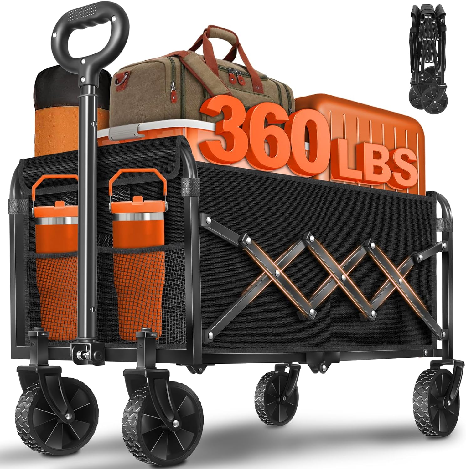 wagons cart foldable with wheels collapsible: 360lbs portable heavy duty folding grocery wagon cart for shopping camping - all terrain rolling utility wagon for groceries outdoor sports black feather