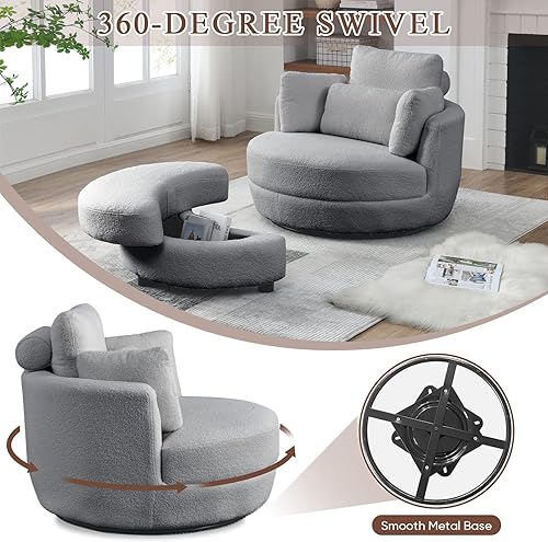Miniatura 6 de Silla giratoria con otomana de almacenamiento en forma de media luna, moderno club de tela de peluche, sofá individual giratorio de 360 grados,