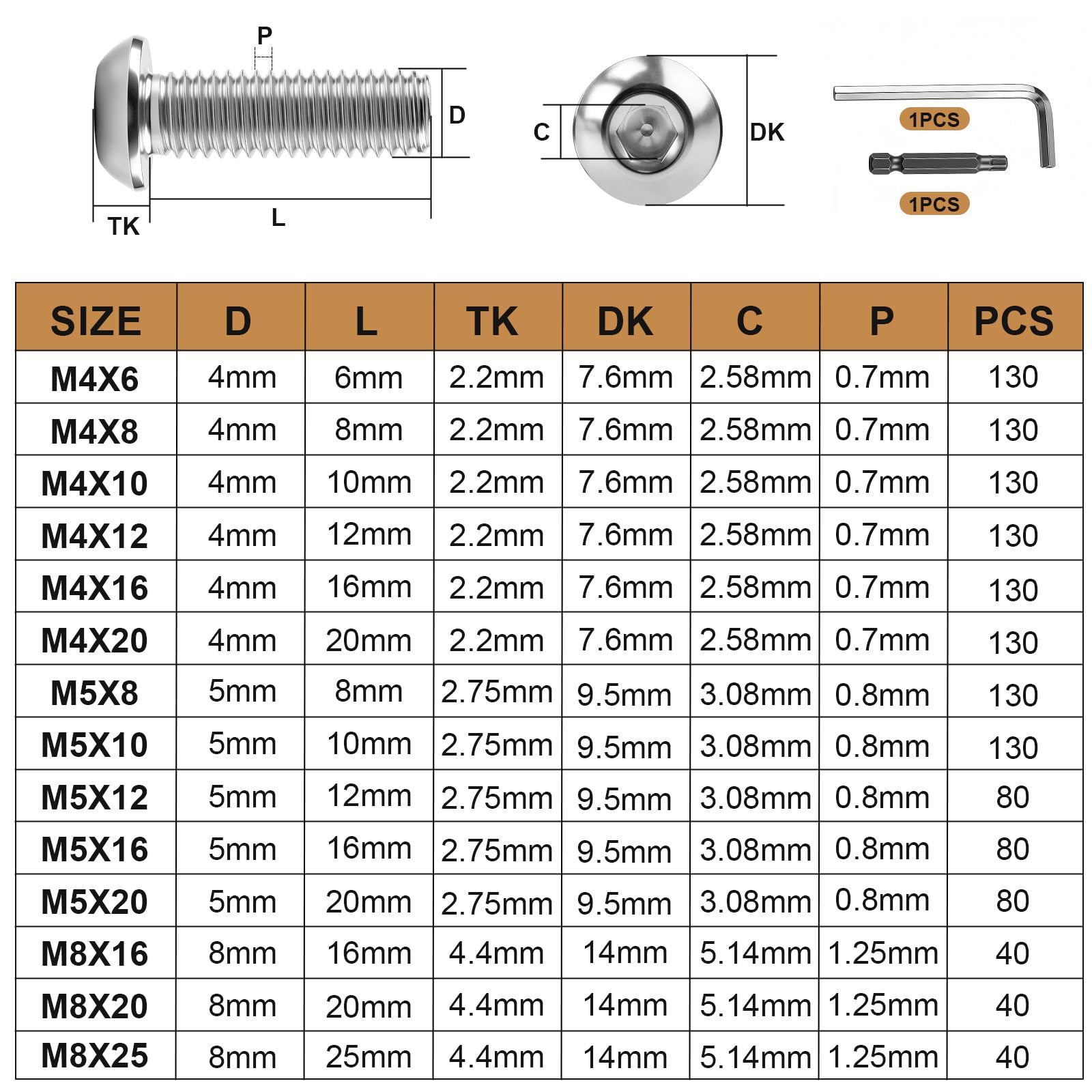 130 Pezzi Vis Btr M4 x 10 mm Viti a Testa Bombata Boulon Inox Tete Bombee per l'installazione di mobili