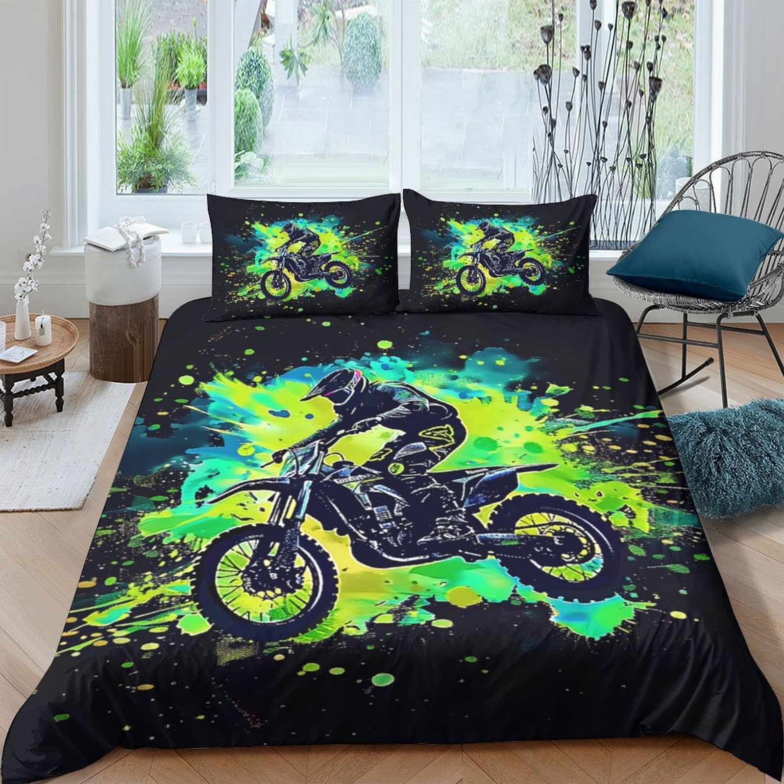 Ctjqhvkz Style-3 3D Printed Neon Motocross Fitted Sheet Microfiber Soft Breathable Graffiti Motorcycle Mattress Cover For Bedroom Dorm Decor Single（135X200cm）