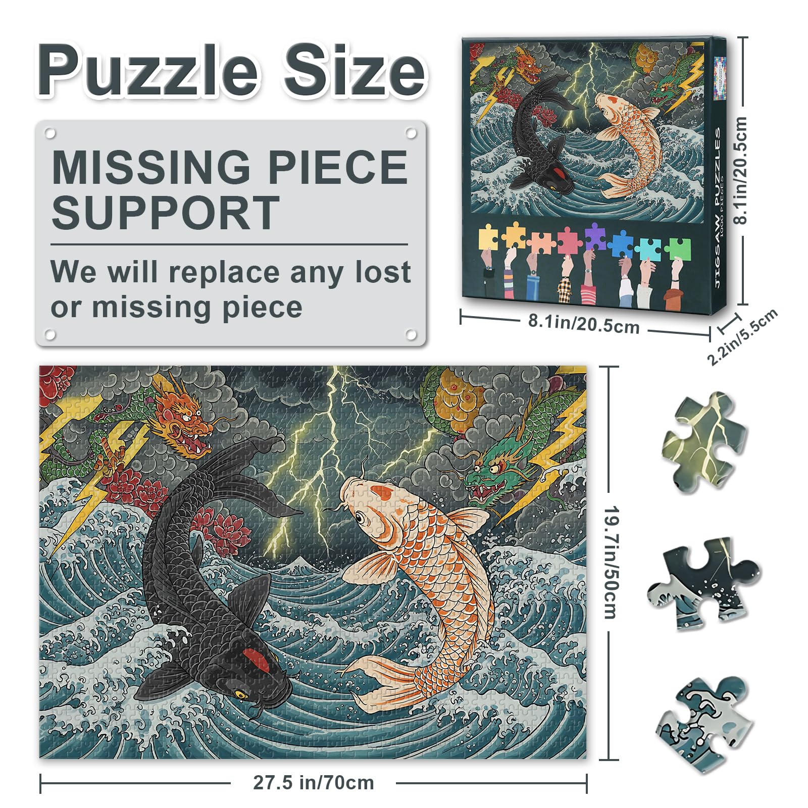 Koi Fish Puzzles for Adults 1000 Pieces, Fierce Dragons and Lightning Jigsaw Puzzles, Yinyang Jigsaw Puzzle - Image 3