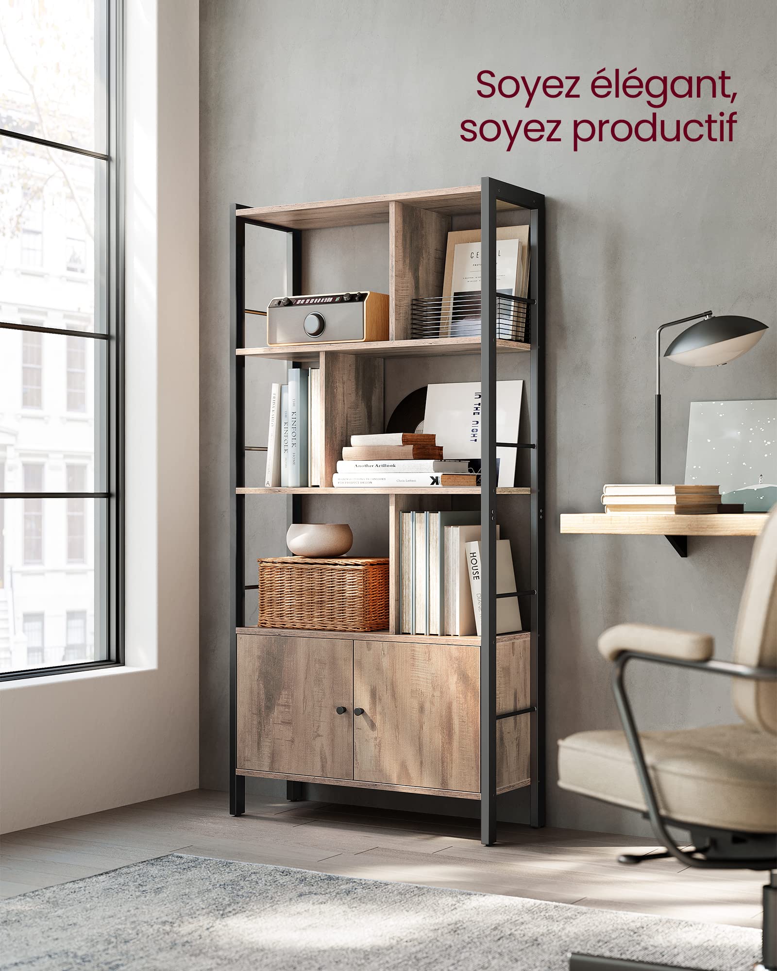 VASAGLE Étagère, Bibliothèque à 4 Niveaux, Meuble de Rangement, Placad, avec Portes, Grand, Cadre en Acier, pour Salon, Bureau, Chambre, Style Industriel, Marron Camel et Noir d'encre LBC022B50
