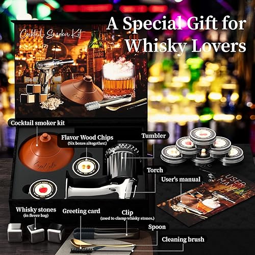 Miniatura 2 de Kit de ahumador de cóctel con antorcha y vaso de whisky, chips de madera de 6 sabores y 3 piedras de whisky para whisky y bourbon, regalo para