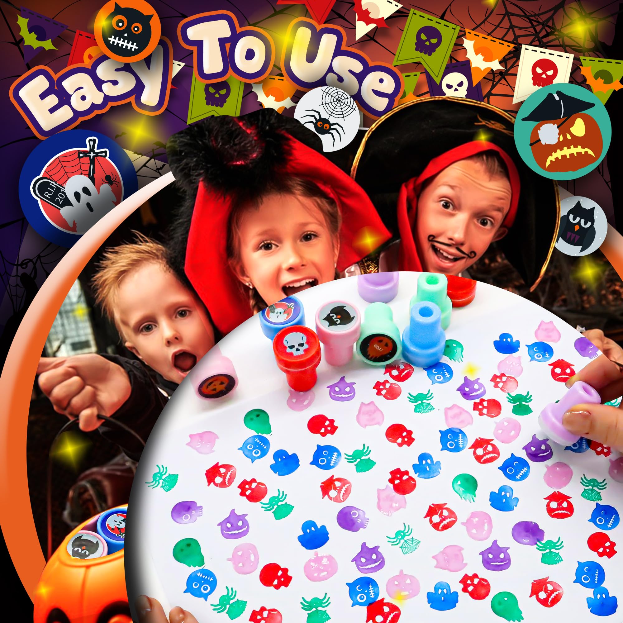 24PCS Halloween Stampers Set, 10 Fun Designs Gift Toy Pack for Kids Party Favors Suppliers for Kids 4-8 8-12, Arts & Crafts - Image 3