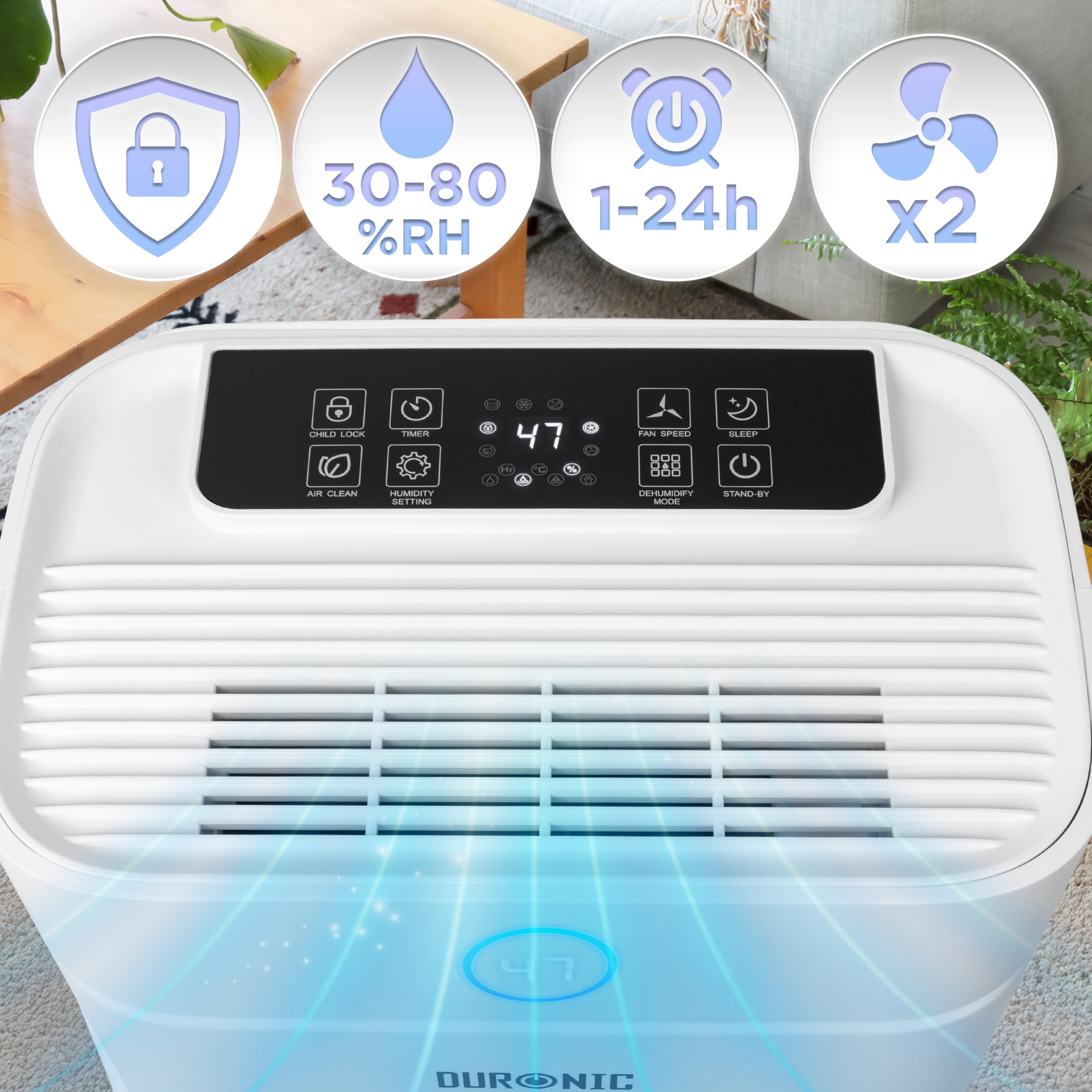 Duronic DH201 Deshumidificador 440 W hasta 20 L al Día, Depósito de 5,1 L | Drenaje Continuo, Temporizador 1-24 h, Control de Humedad 30-80%, Secado de Ropa, Silencioso 48 dB, con Ruedas, Hogar