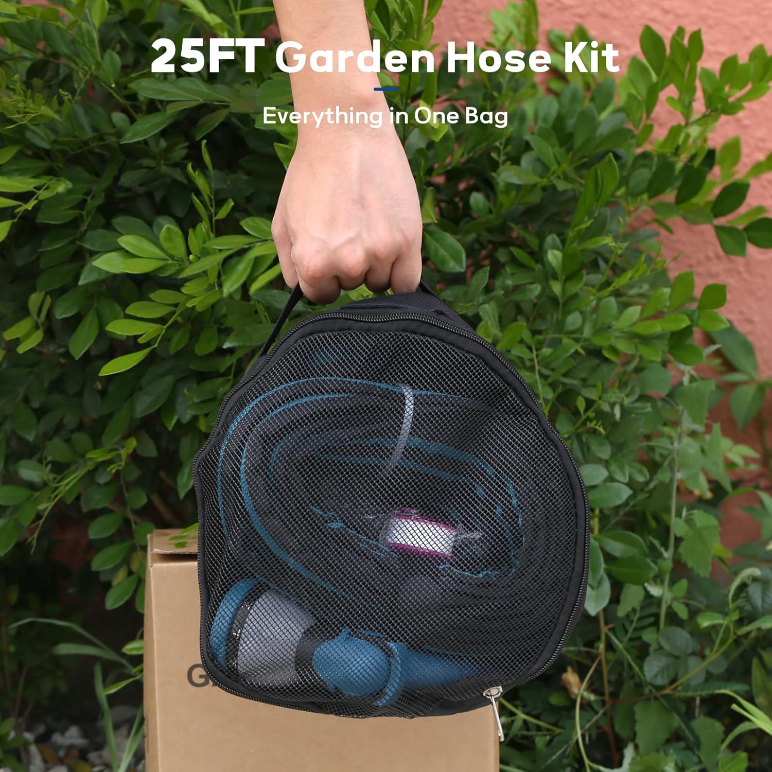 MEASUREMAN 25 FT Garden Hose Kit, Heavy Duty Lightweight Water Hose with 180° Swivel Grip & Multi-Pattern Spray Nozzle, 5/8-Inch Kink-Resistant Fabric Hose for Lawn & Patio