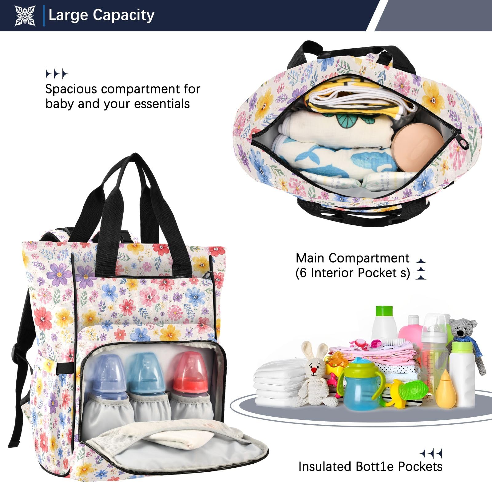 Mnsruu Mochila grande para pañales de bebé, diseño de flores hermosas, impermeable, bolsa de pañales de viaje para mamás y papás
