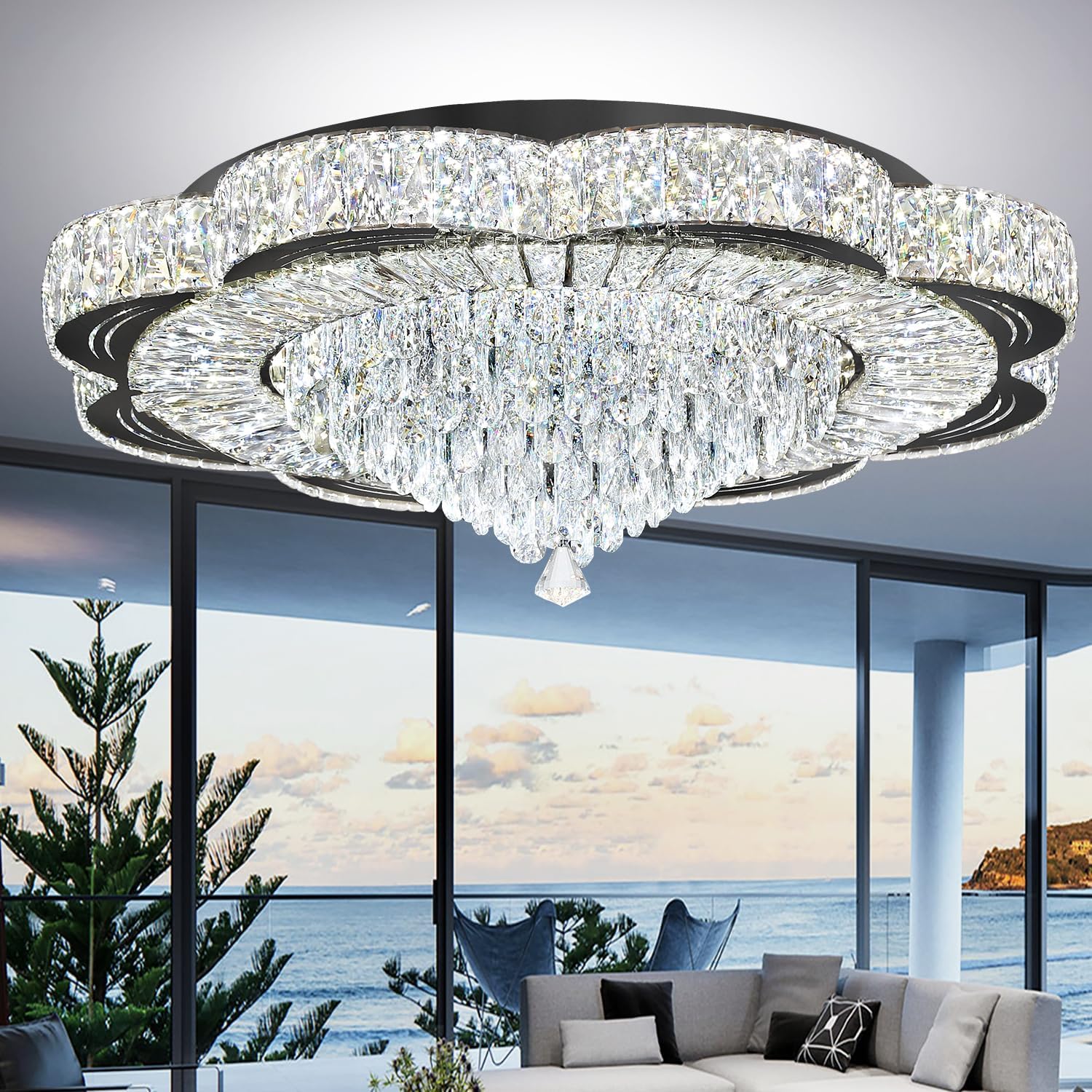 Modern Crystal Chandelier for Living Room Black 32in Crystal Raindrop Ceiling Light for Room Bedroom LED Dimmable 2700-6000K