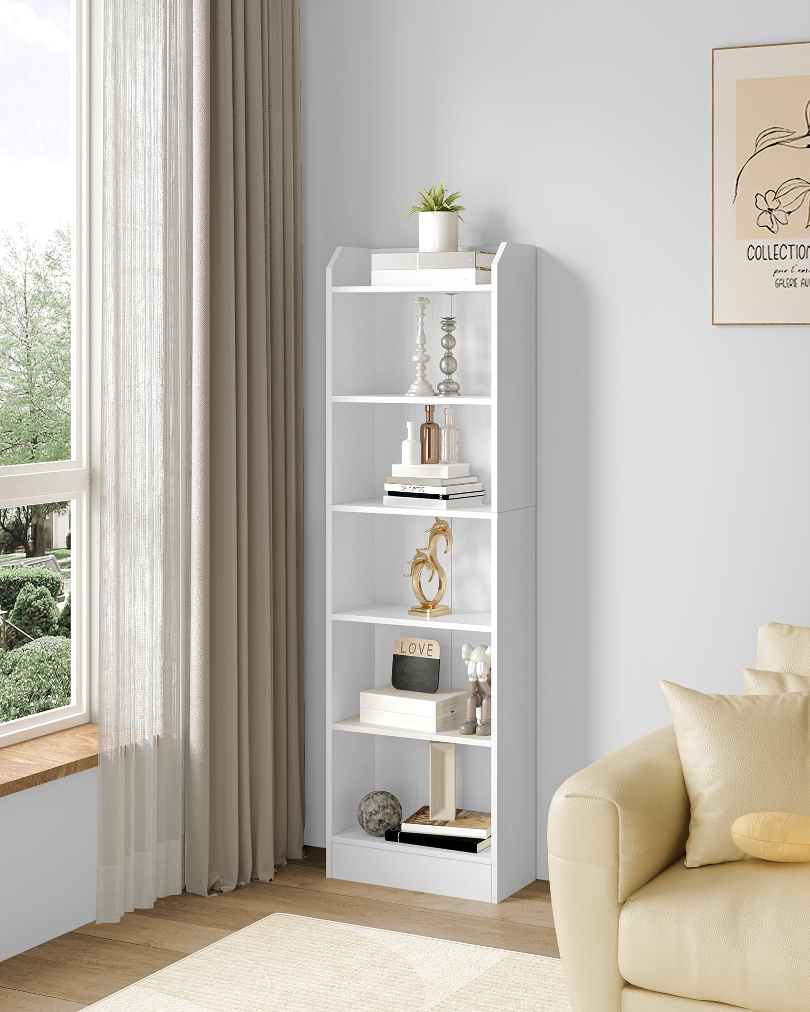 Hzuaneri Bücherregal, 6-stöckiges Standregale, Aufbewahrungsregal, Regal für Sammlerstücke, Verstellbare Paneele, für Wohnzimmer, Büro, 24 x 48 x 169,5 cm, Weiß 02903XBC