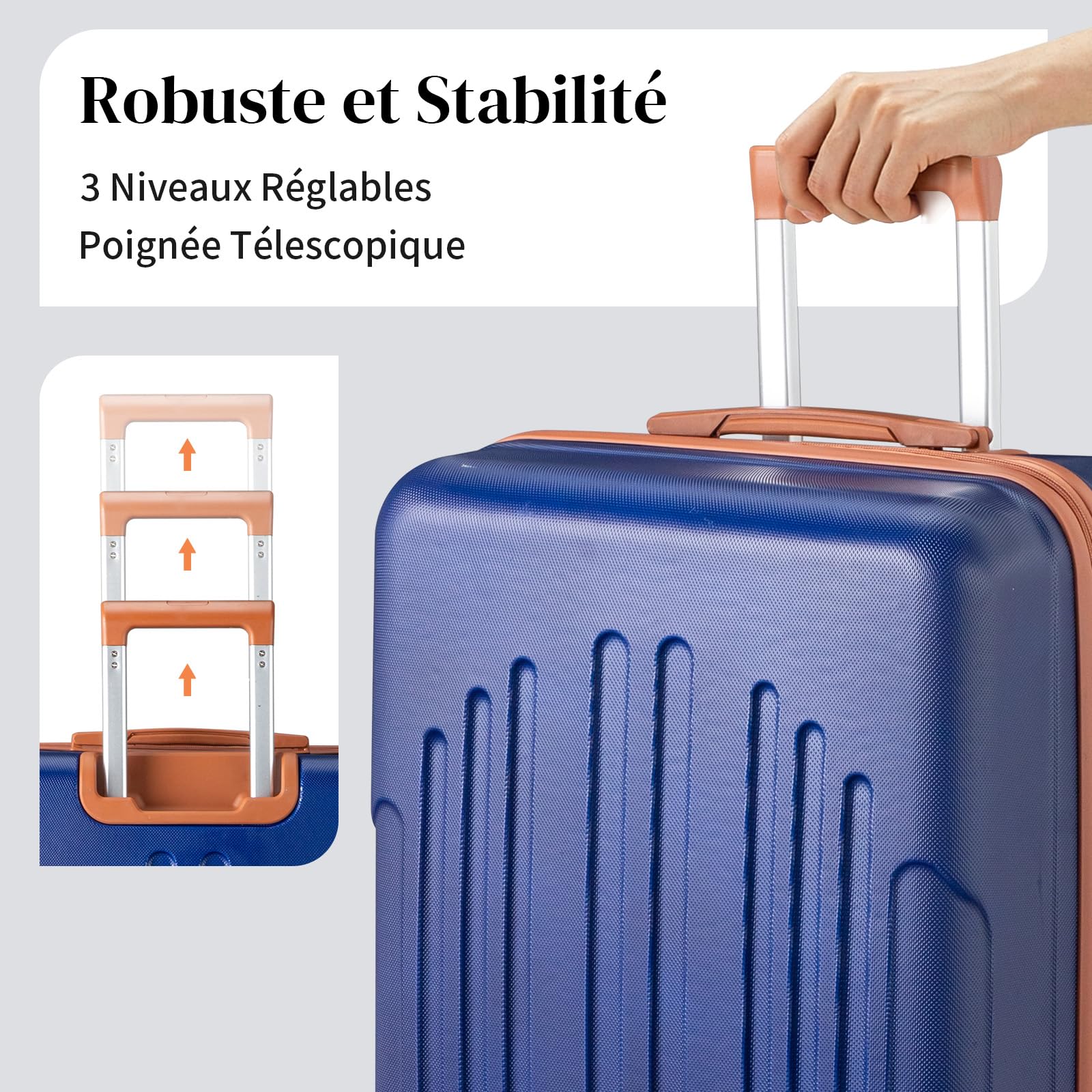 LEADZM Valise Cabine Rigide en ABS Léger, Bagage Cabine 55x35x25, Valise Soute Suitcase de Voyage avec 4 roulettes Spinner (Marine-Brun, M/55cm)