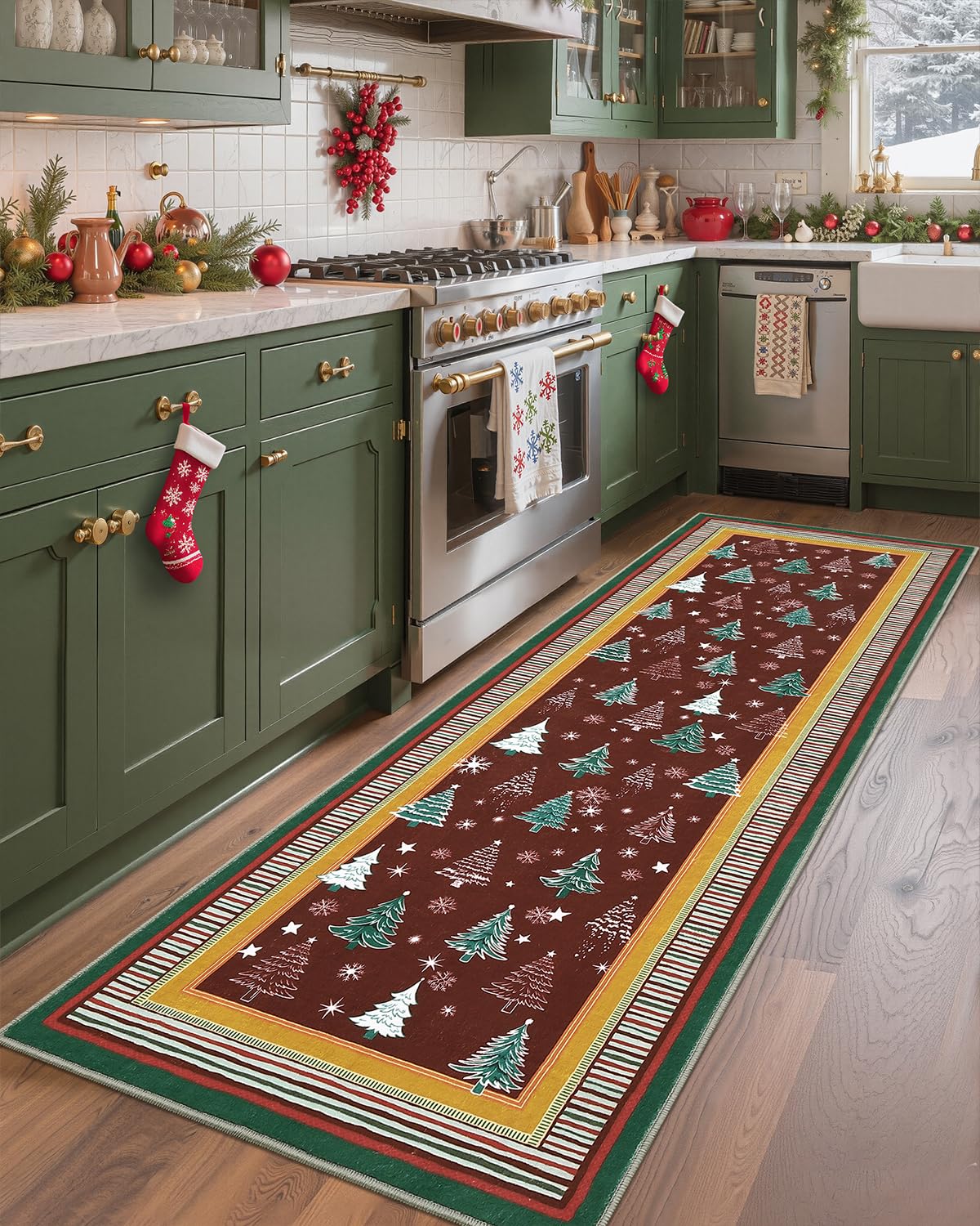 GarveeHome 2x6 Christmas Rug Runners for Hallways Non Slip, Christmas Tree Print Kitchen Rugs Washable Area Rug for Entryway, Low Pile Soft Red