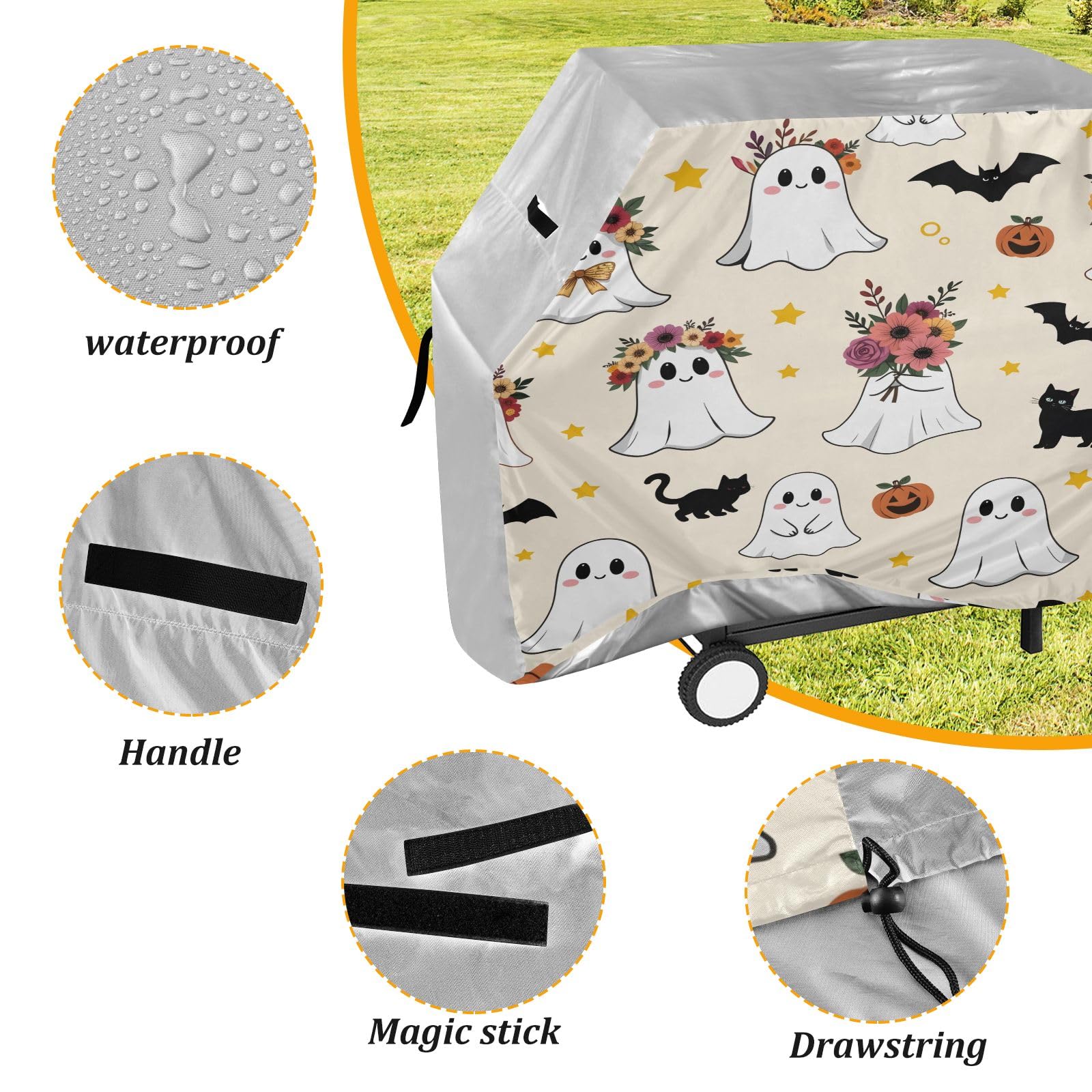 Copertura per barbecue di alta qualità, impermeabile, resistente allo sbiadimento, resistente, adatta per griglie fino a 25 cm di larghezza, con grazioso motivo fantasma floreale