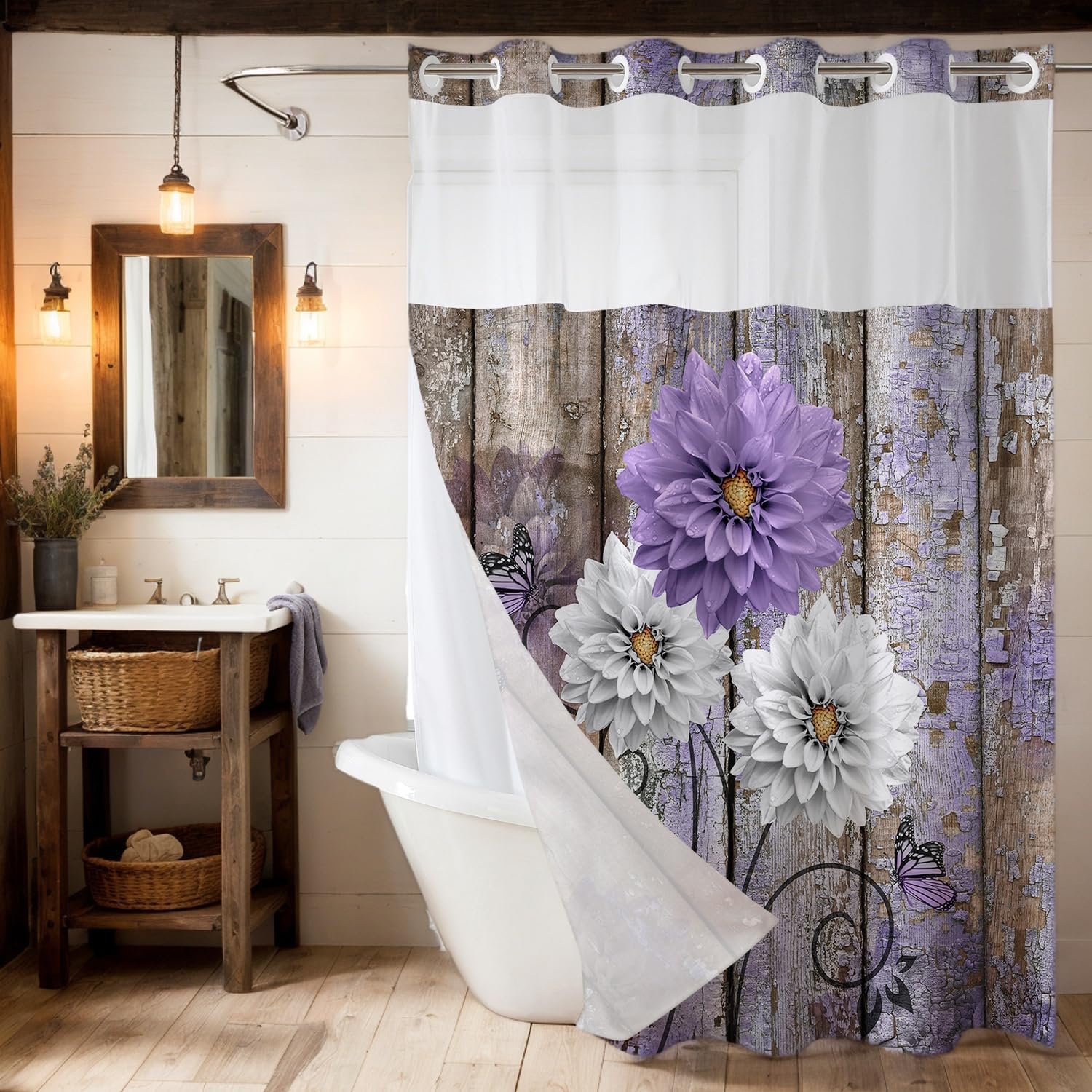 Rustic Floral No Hook Shower Curtain with Snap in Liner, Teal White Dahlia Flowers and Butterfly Shower Curtains, See Through Top Window Detachable Liner Farmhouse Fabric Shower Curtain 71 x 74 Inch