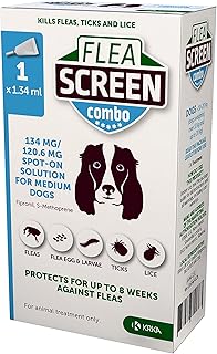 FLEA SCREEN combo Medium Dog (1 Pipette): Flea Treatment for Dogs - Kills Fleas, Flea Eggs & Ticks - Provides 4 Weeks Flea and Tick Treatment for Medium Dogs (10-20kg).