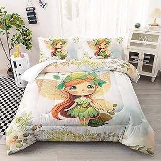 AILONEN Fairy Comforter Set Twin Size, Pretty Butterfly Fairy Bedding Set for Kids Boys Girls,Watercolor Nature Plant Flowers Bed in a Bag,Kawaii Fairy Duvet Set,3 Pieces,1 Quilt and 2 Pillowcases