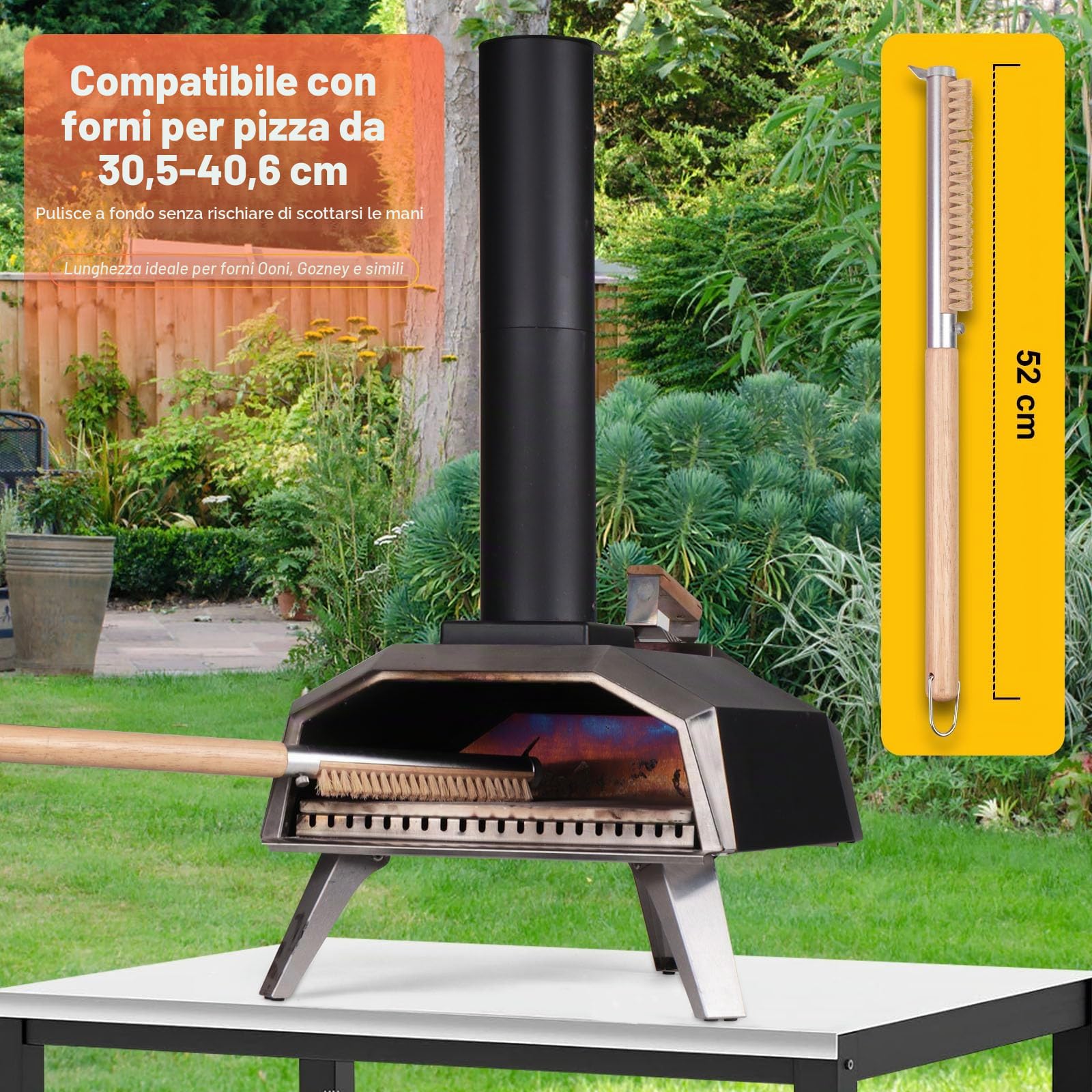 Spazzola da forno per pizza con raschietto, 52 cm, setole naturali per la pulizia delle pietre per pizza, manico in legno