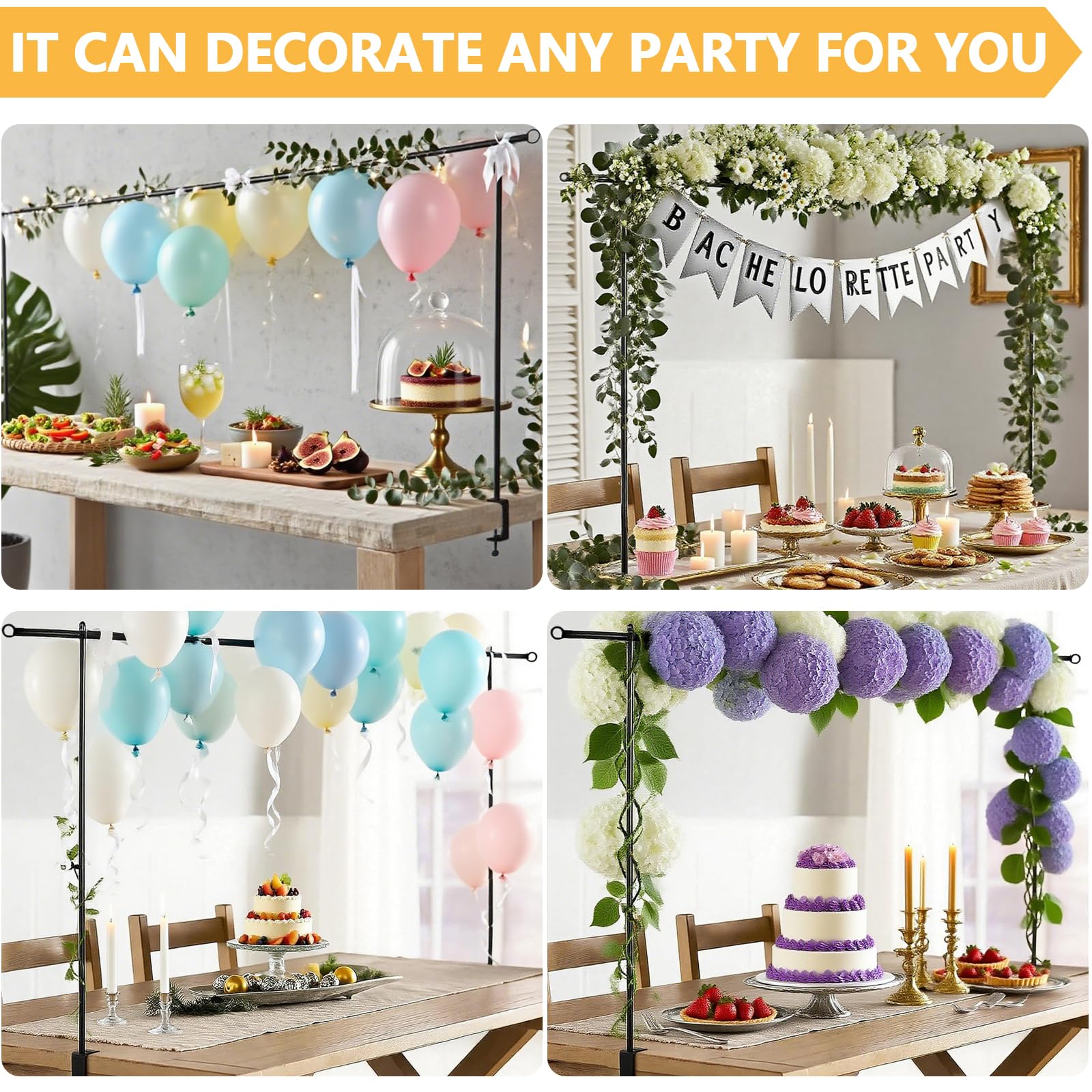 Arche de table réglable, support d'arche de table en métal avec pinces de 80 à 250 cm de long, noir pour mariage, fête, décoration d'anniversaire, décoration de Noël