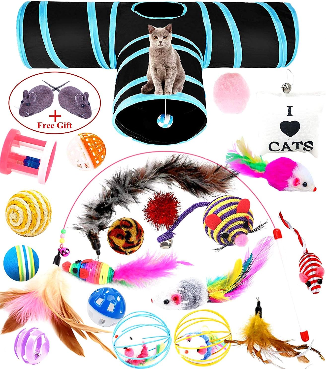 wordmo Cat Toys Kitten Toys 23pcs-Variety Pack with Collapsible 3 Way Cat Tunnel,Feather Teaser Wand/Mouse/Balls/Bells for Cat/Puppy/Kitty Indoor Outdoor Interactive Toys Set