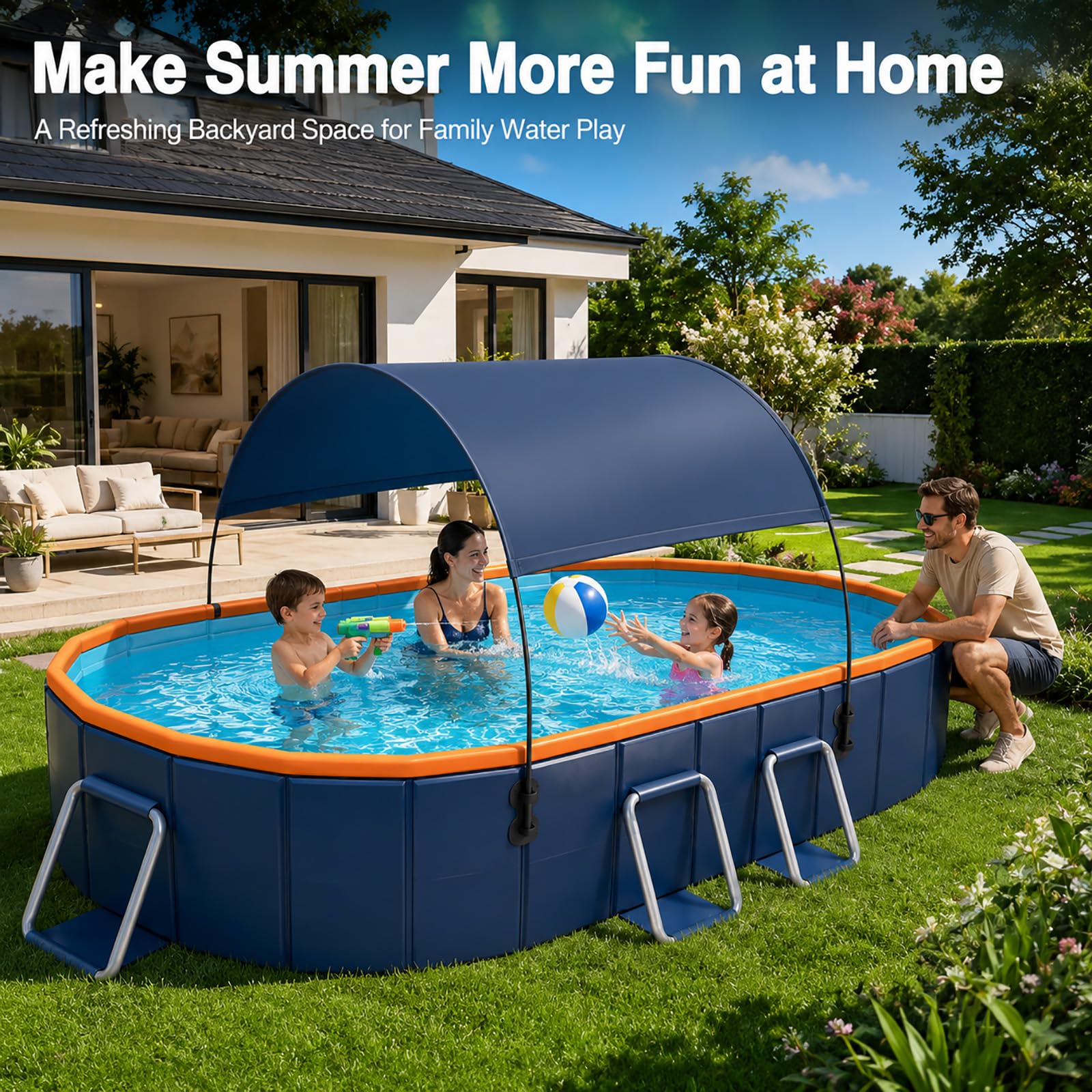 Grande Piscina Fuori Terra Rettangolare con Tettuccio Familiare | Piscina da Giardino Esterna con Parasole e Pareti Resistenti Estive(3m/118in)