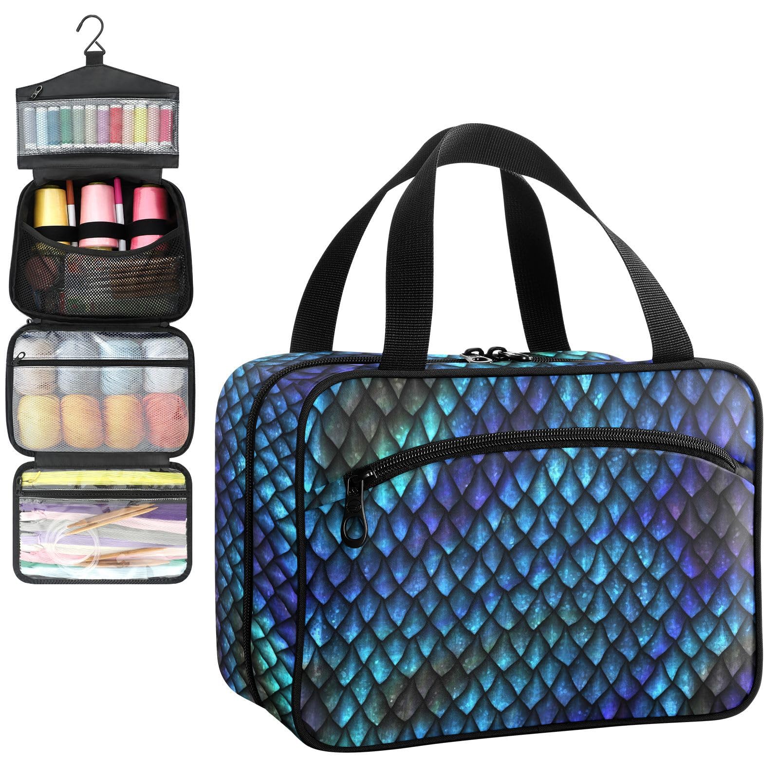 YNNALE Sewing Supply Organizer Bag, Dragon Scale Snake Skin 3d Portable Sewing Bags with Pockets&Hanger, Sewing Storage Box Case for Sew Supplies/Kit/Tools/Accessories (BAG ONLY)