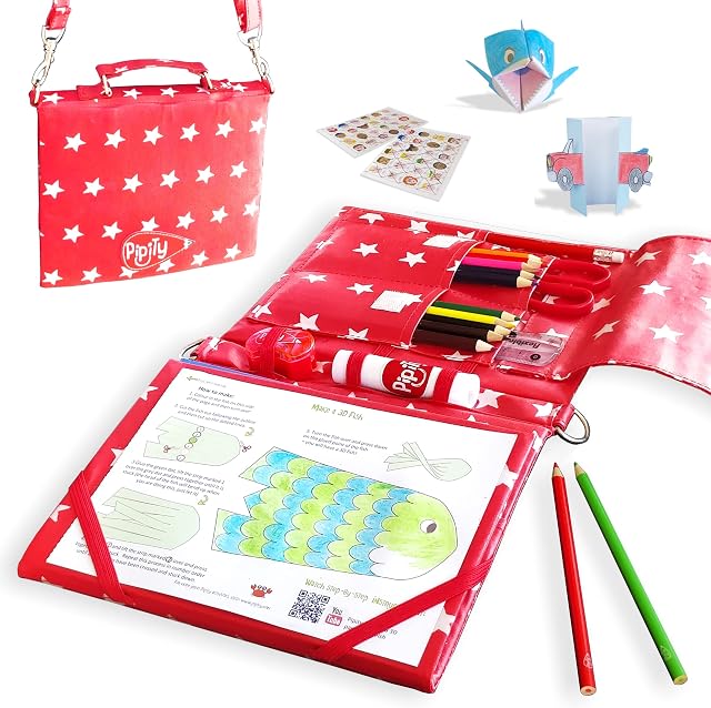 Pipity Art Set for Kids | Travel Activity Packs with Fun Drawing, Colouring, Arts & Crafts, Games Activities | Easel | Stationery Sets| Gifts for Creative Girls and Boys Ages 6,7,8,9+ | Red