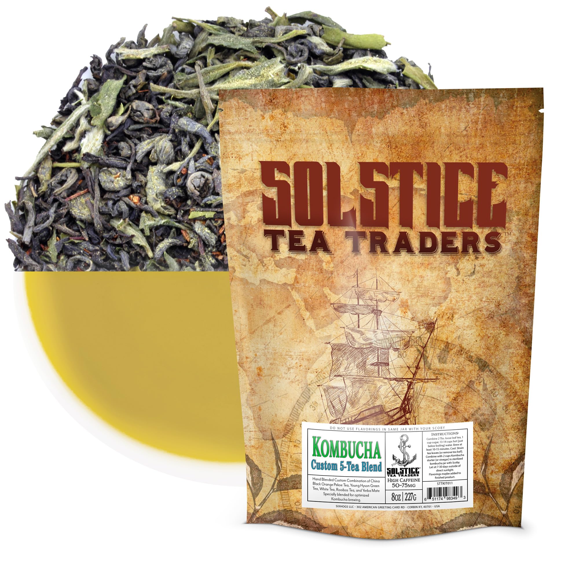 Solstice Custom Five-Tea Loose Leaf Kombucha Tea Blend (8 oz); Handblended Custom Blend of Black, Green, White, Rooibos & Yerba Mate Tea